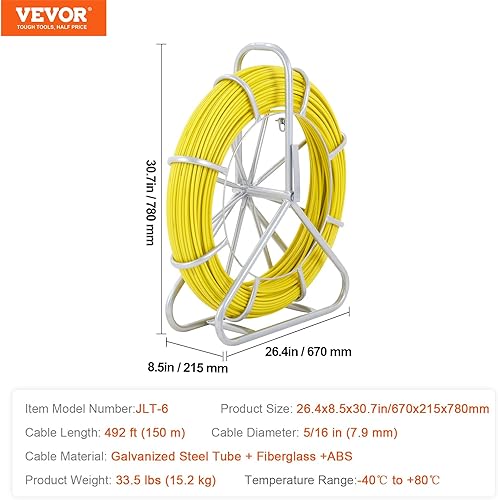 Miniatura 7 de VEVOR Cinta de fibra de vidrio, 516 pulgadas, cinta de pescado eléctrica de 492 pies, extractor de alambre de cinta de pescado, varilla de correr