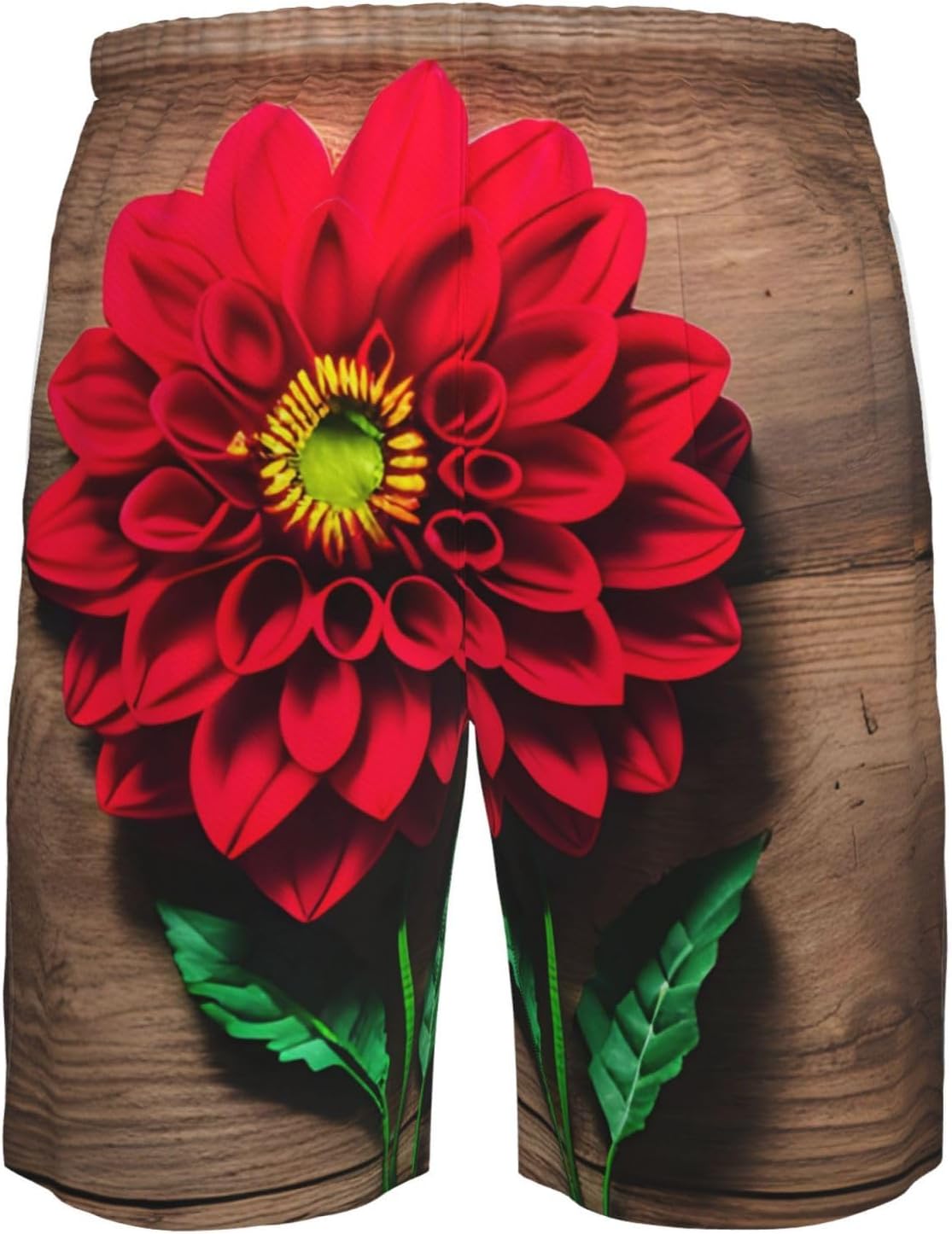 Mens Wooden Board Retro Flower Red Dahlia Print Beach Shorts,Casual Summer Shorts for Men,Quick Dry Polyester