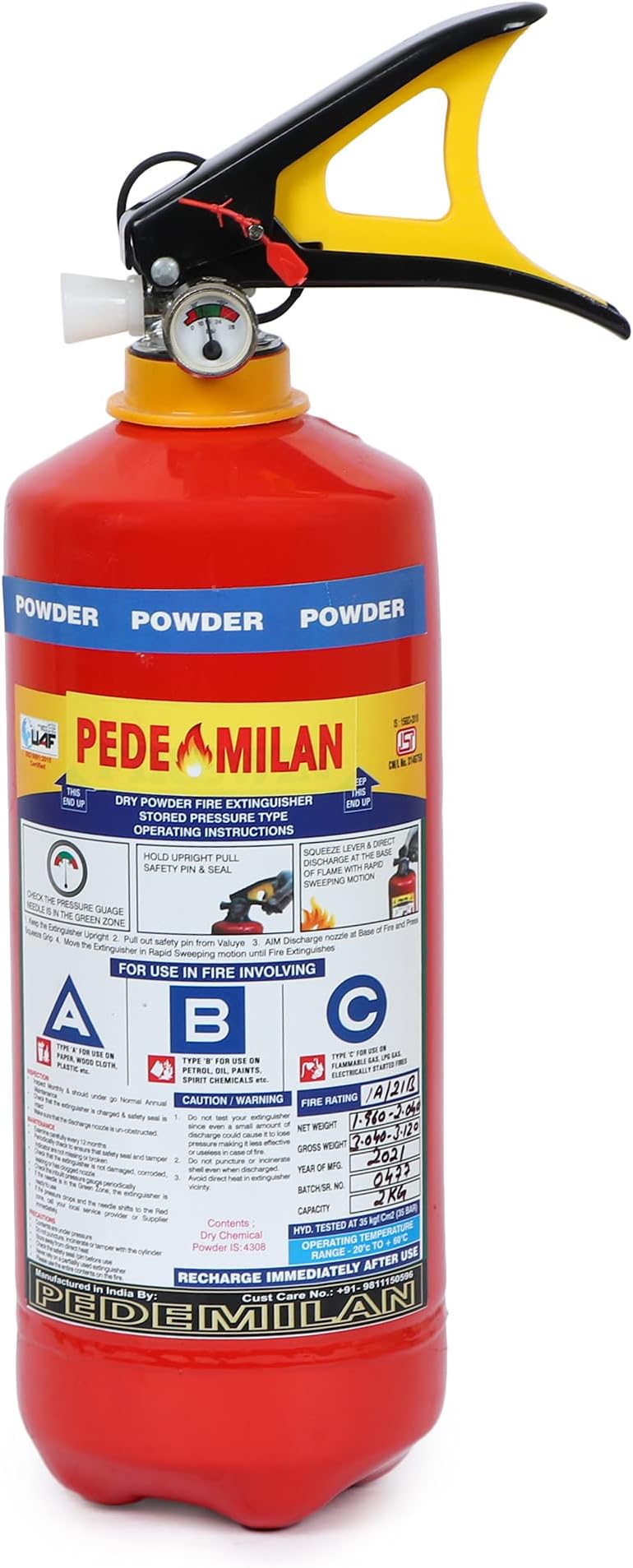 - Pedemilan Dry Chemical 2 Kg Fire Extinguisher with 1.5 Years Warranty (ISI Marked, Certified, Approved)