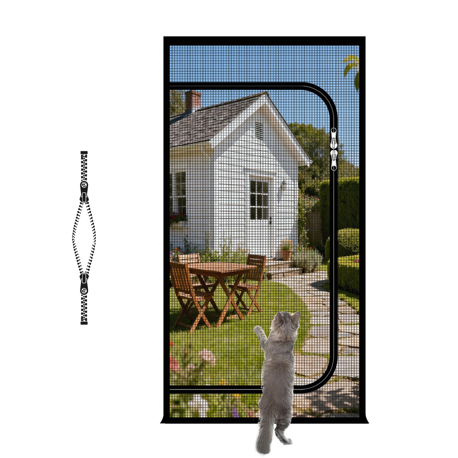 akgao New Zipper-Style Pet Screen Door, 120x265cm Black Upgraded Reinforced Cat-Proof Mesh, Hook & Loop Install No Drilling, Dog Cat Scratch Proof Door Curtain, for Bedroom Living Room Balcony