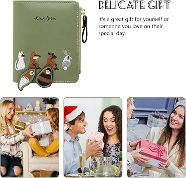 Coin Purse PU Leather Purse with 9 Slots, Portable Ladies Purse with Zipped and Snap, Bifold Purses Cute Ladies Wallet with Embroidered Animal Pattern for Traveling, Working (Green)