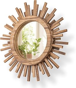 12 Inch Boho Sunburst Mirror, Round Wooden Wall Decor Starburst Sun Mirror for Bedroom, Living Room, Bathroom, Hallway, Balcony, Farmhouse Entryway, Housewarming Gift