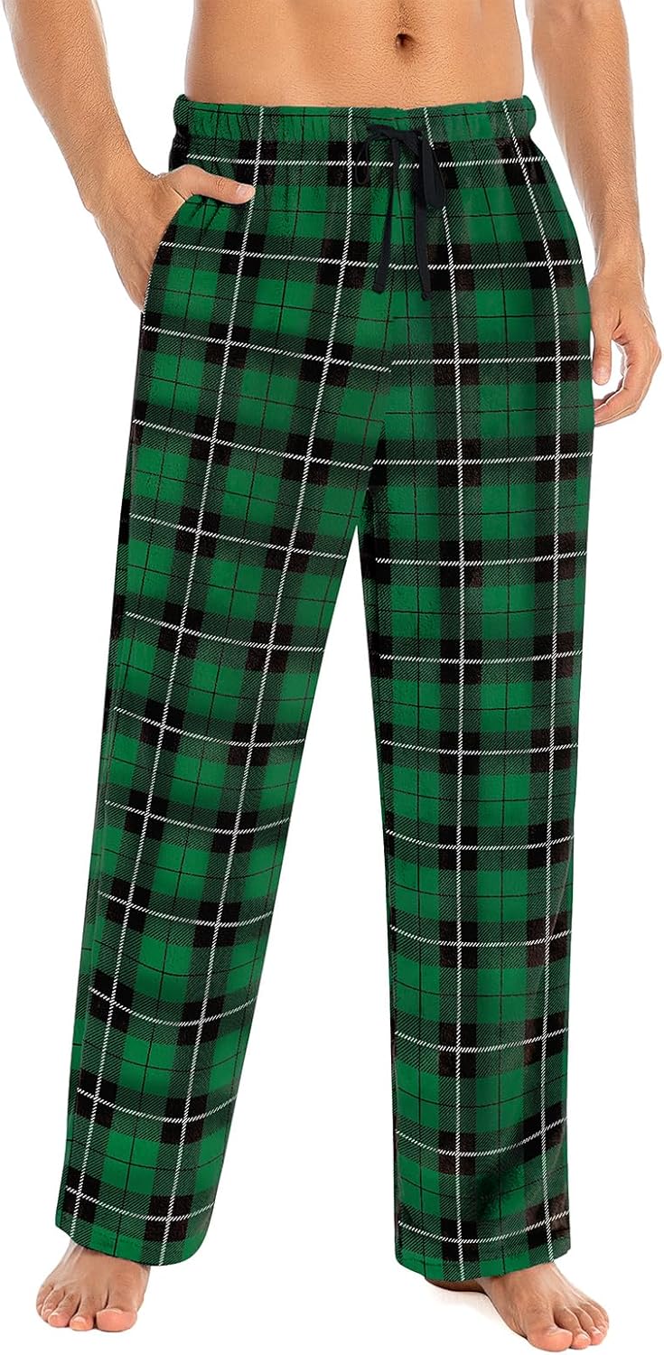 Mens Fuzzy Plaid Pajama Pants - Brushed Flannel Sleepwear with Drawstring & Pockets, Plaid & Print Pj Pants