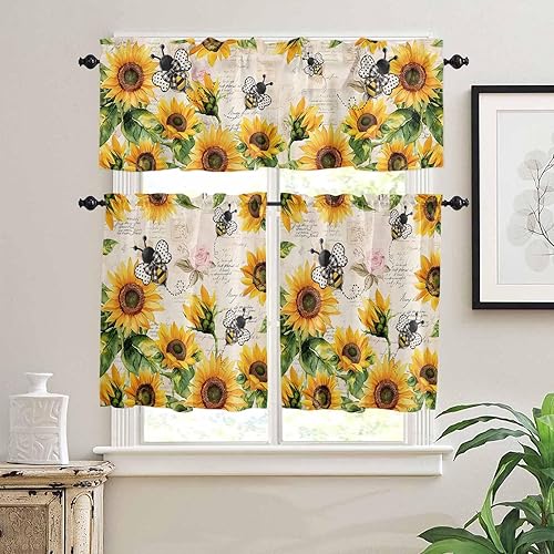 Miniatura 2 de Juego de cortinas de cocina con diseño de girasoles amarillos, cenefa y niveles de 24 pulgadas de largo, cenefa de cortinas cortas con filtro de luz