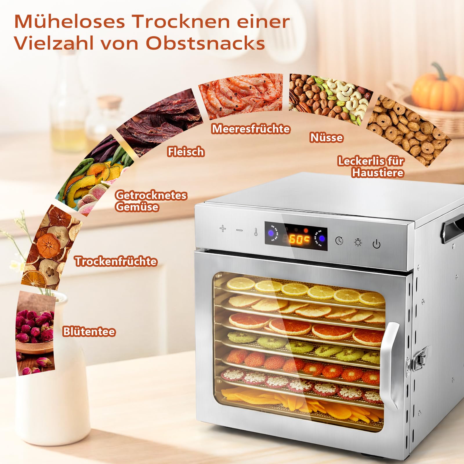 Dörrautomat Edelstahl mit 8 Stainless Steel Grids und 8 er Dörrfolie, BPA-frei, Einstellbare Temperatur von 35–90°C, Für Obst, Gemüse, Fleisch und Kräuter, Inklusive Rezeptbuch