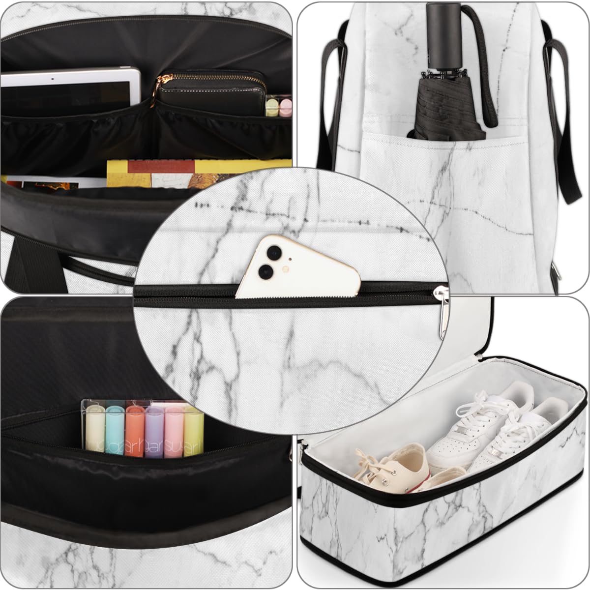Bolsa de viaje plegable de mármol blanco con textura, bolsa de fin de semana de mármol de 47 litros con manga de carrito bolsa de hombro separada para deportes, gimnasio, viajes, multicolor, 47L,