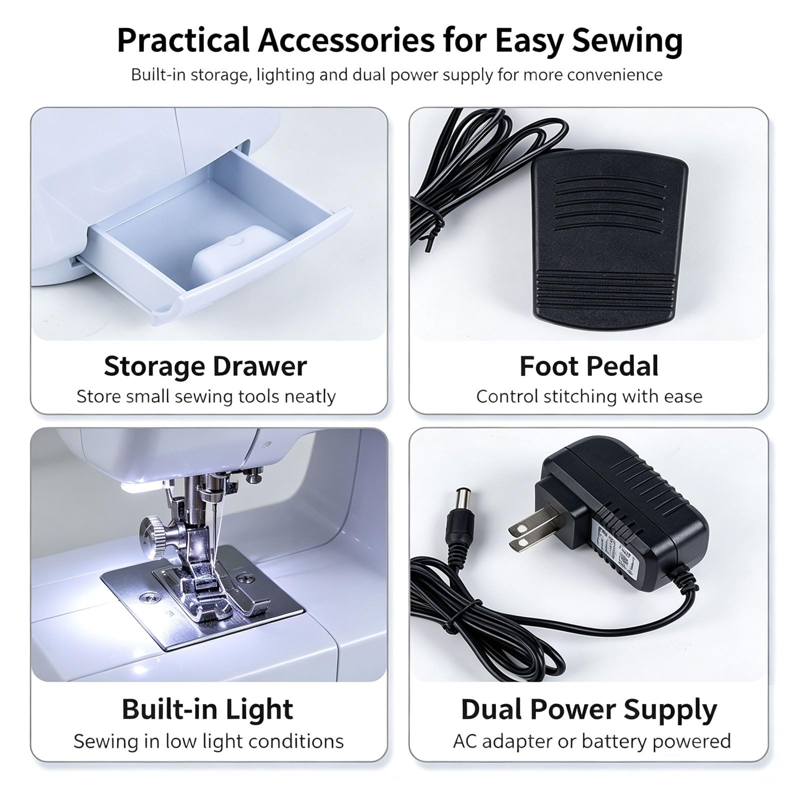 Máquina de coser for principiantes, 12 patrones de puntadas, luz LED, pedal | Máquina de coser eléctrica portátil con fuente de alimentación dual y kit de accesorios for reparaciones de ropa en el hogar