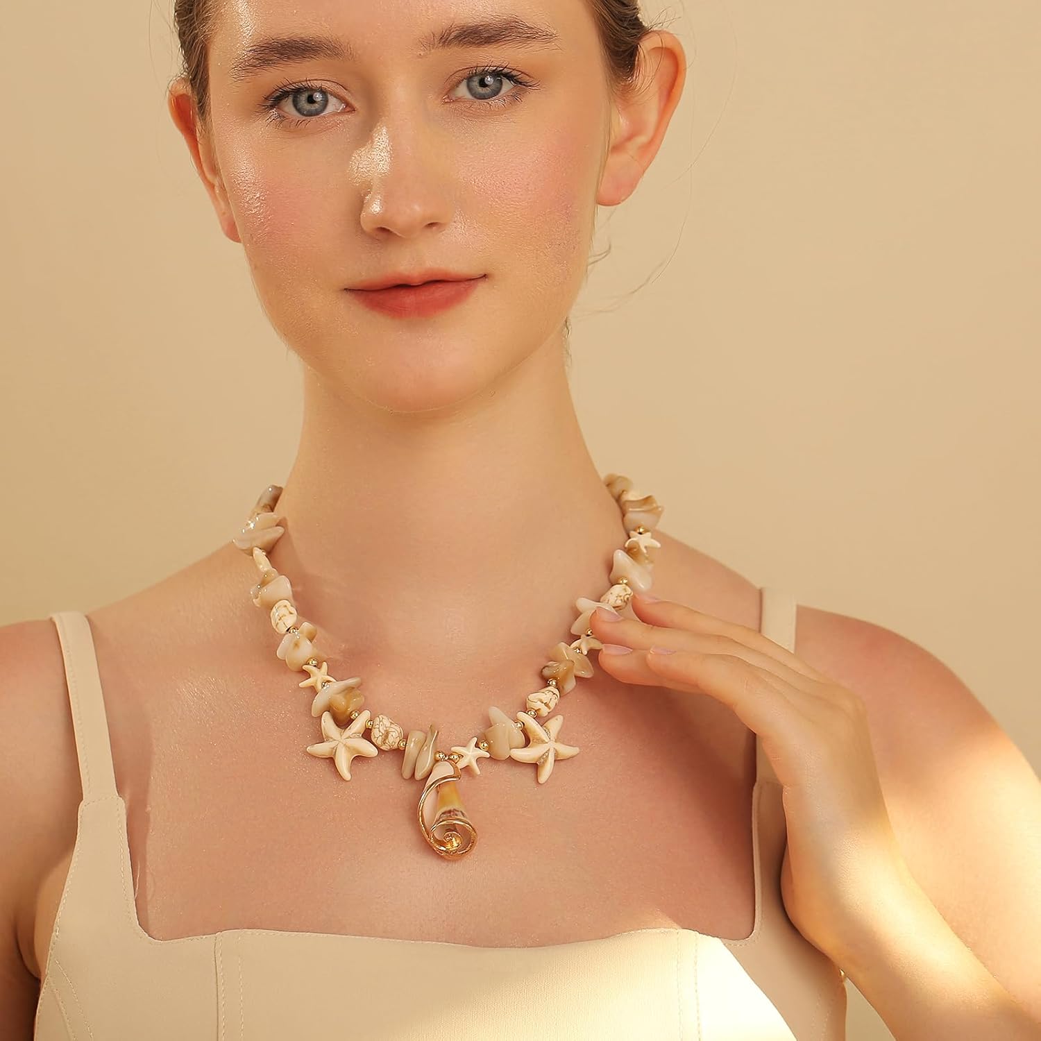 Shell Necklace for Women - Beach Necklace with Starfish & Seashell Charms, Mermaid Accessories, Ocean Themed Chunky Statement Jewelry for Vacation - Image 2