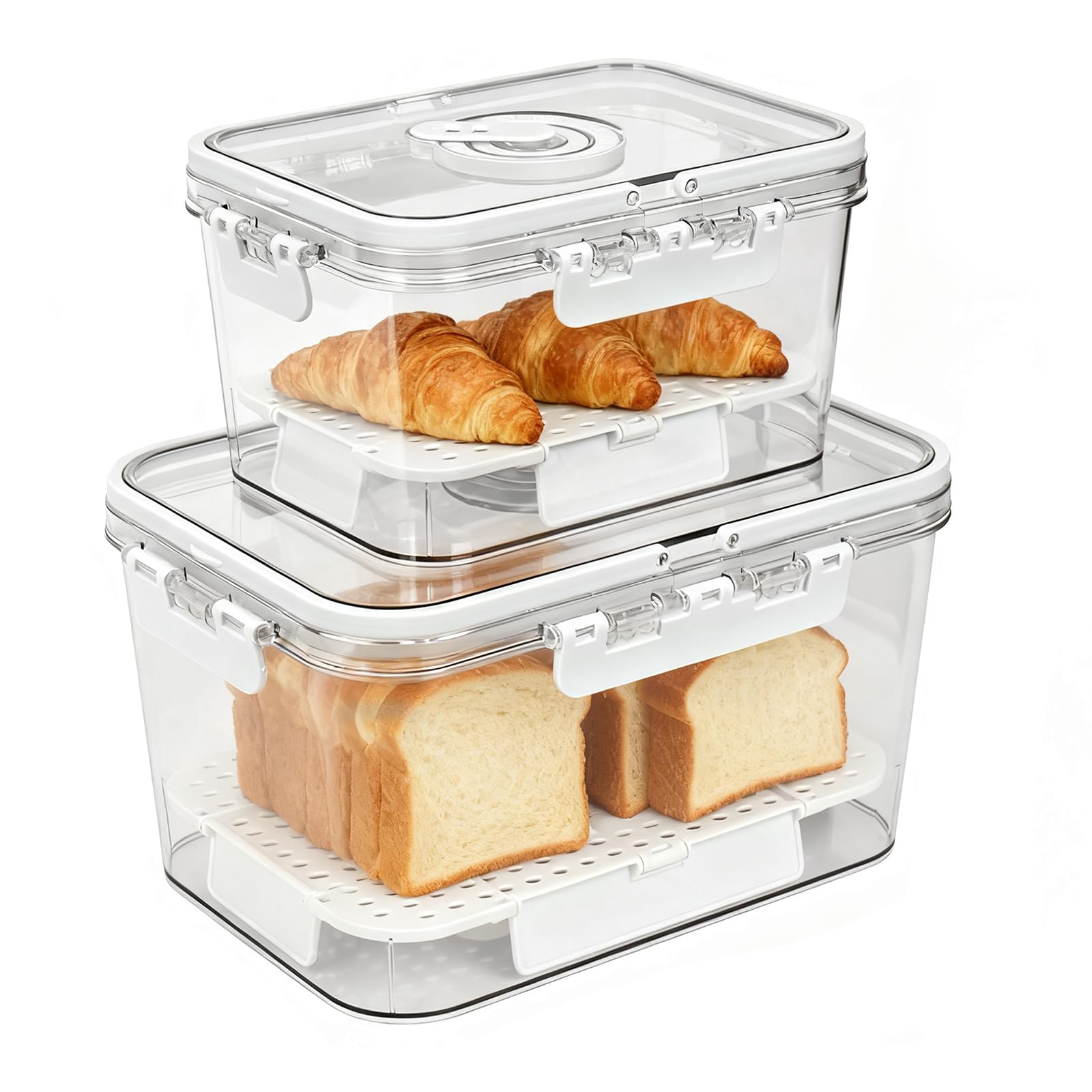 2 Pcs Bread Bin Airtight Bread Box for Kitchen Counter, Time Recording Bread Storage Container with Lid, Bread Container with Handle and Ice Pack for Homemade Bread Toast Bagel Donut and Cookies