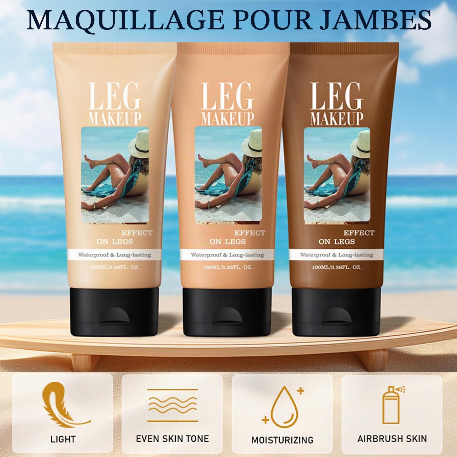 Maquillage de jambes imperméable sans transfert avec pinceau de maquillage extra large pour le corps, couverture de tatouage pour varices/cicatrices, fond de teint parfait du corps, équilibre la peau