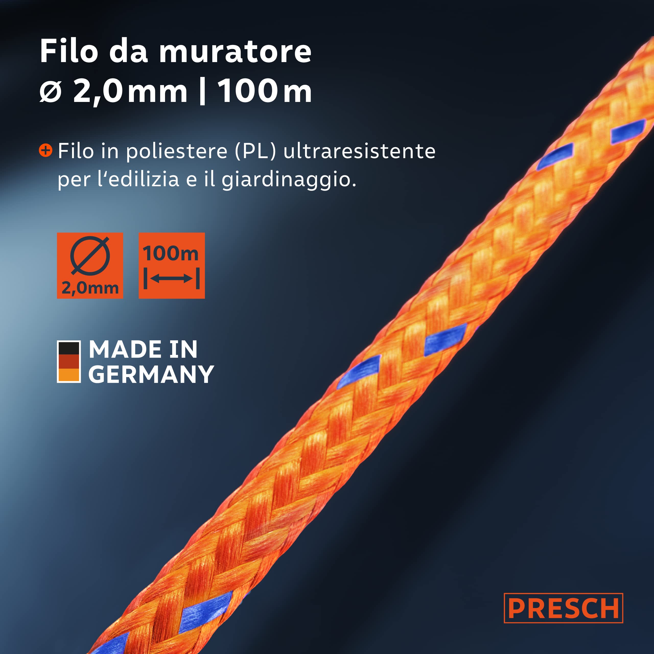Presch Corda da muratore 100m | ⌀2,0mm | Poliestere | Corda da raddrizzamento resistente allo strappo e alle intemperie con bobina | Corda da costruzione resistente ai nodi