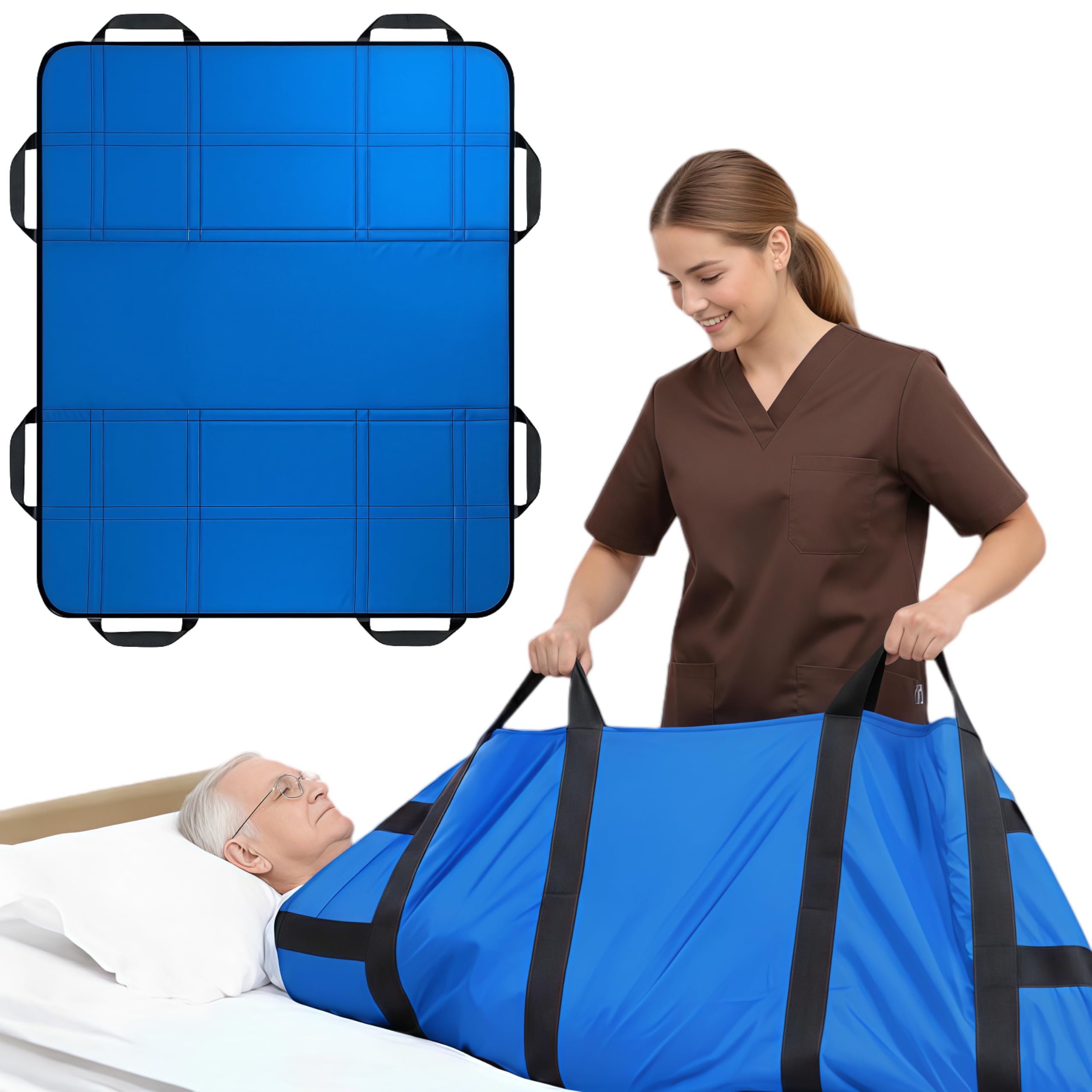 Upgraded 3-Layer Positioning Bed Pad with Handles, Transfer &amp; Slide Sheet for Elderly Care, Waterproof Washable Draw Sheet for Turning, Lifting &amp; Repositioning (43" x 36", Blue)
