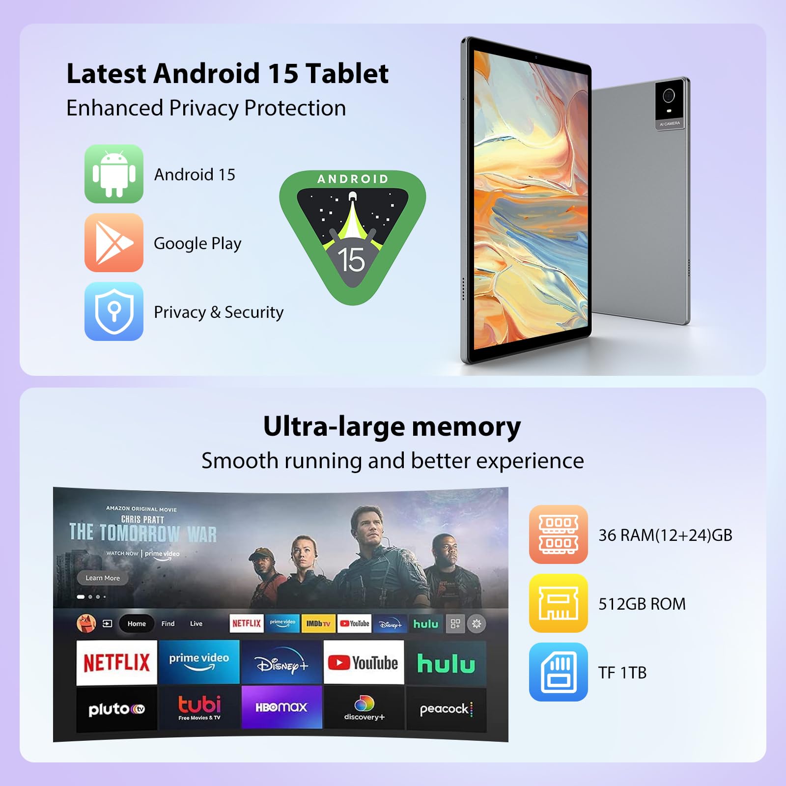 Tablette 10,6 Pouces avec Clavier, Android 15 Tablette 36Go RAM + 512Go ROM (TF 1TB), 4G LTE+5G WiFi, IPS 2K HD, 8000mAh, Octa-Core, 13MP+8MP, Bluetooth 5.0, Tablet avec Housse & Souris, Gris