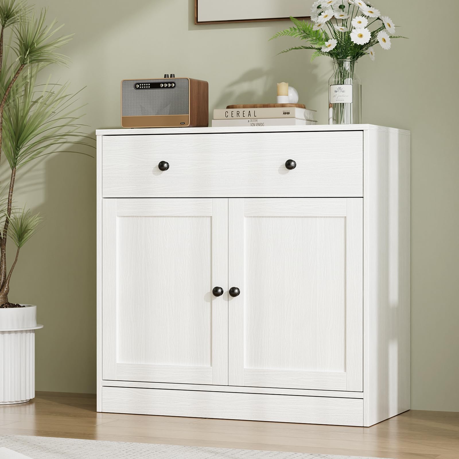 VOWNER Sideboard mit Schubladen, Kommode mit 2 Türen, Küchenschrank mit Arbeitsplatte, Buffetschrank, TV Board, Aufbewahrungsschrank für Wohnzimmer Schlafzimmer, 40 x 80 x 80 cm (Weiß, 1PCS)
