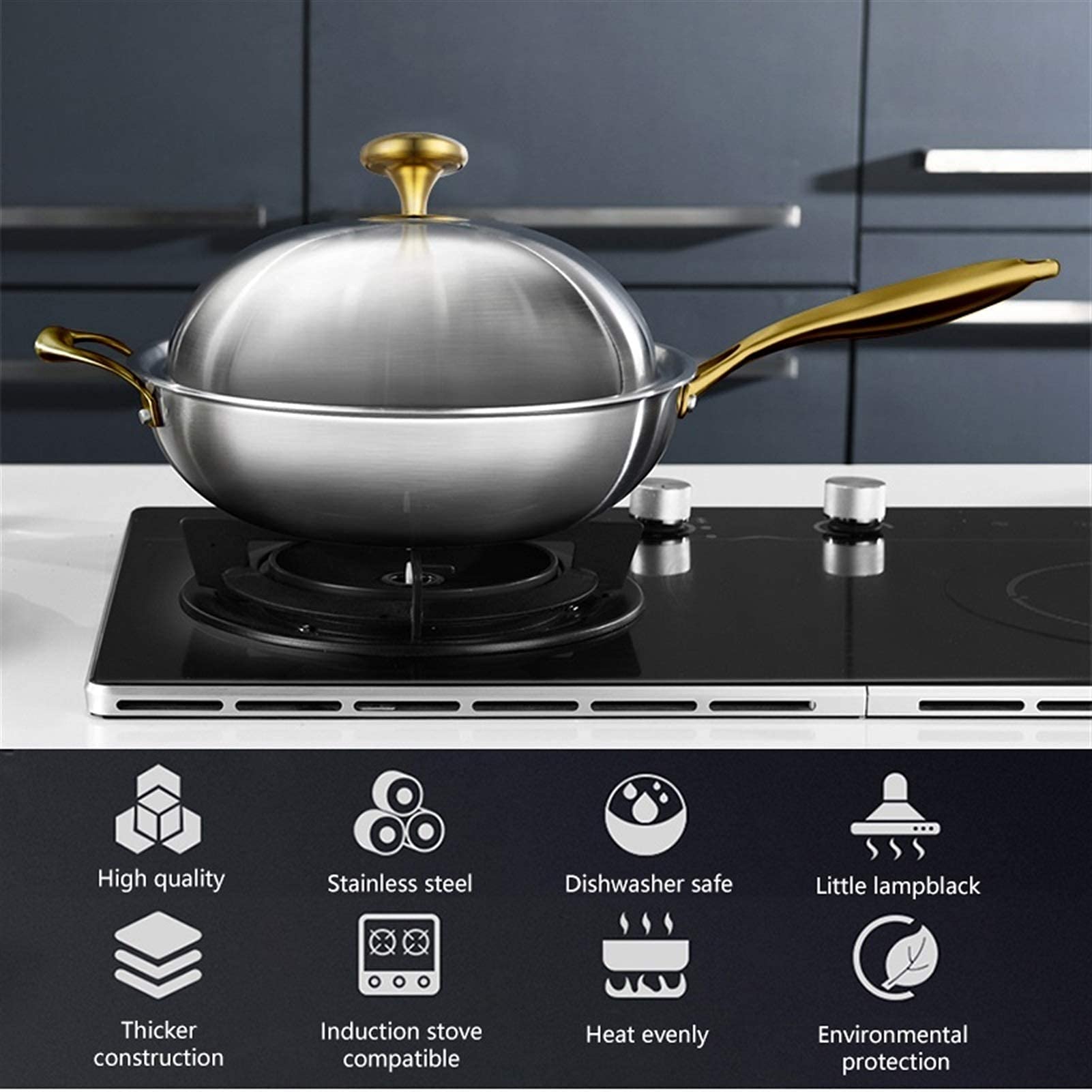 ZXFDMSWJ Wok Antiadherente Acero Inoxidable 304 Hogar Sin Recubrimiento Menos Humo Cocina De Inducción Multifunción Gas para Cocinar Sartén (Color : Wok 34)