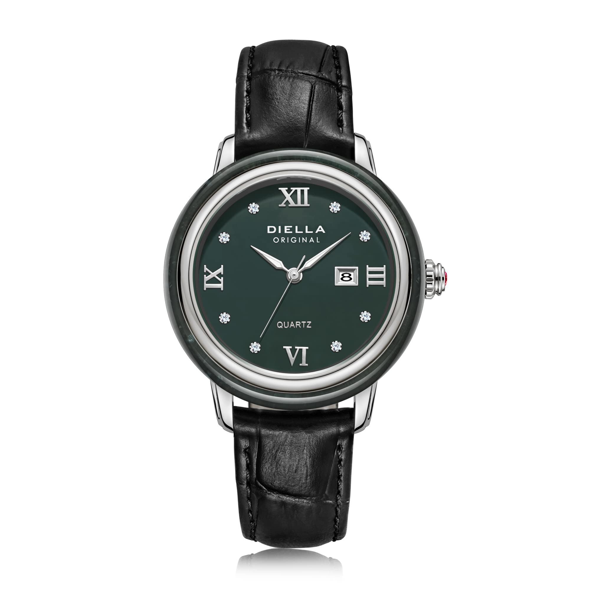 Diella Classic Quartz Watch for Women, Women's Analog Luxury Wrist Watches with Date, Leather Strap, Black Jade and Stainless Steel, Silver (AD5002L)
