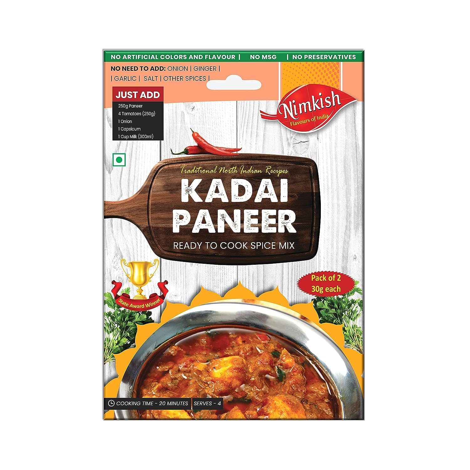 Nimkish Kadai Paneer Masala 60g (Pack of 2, 30g each), Ready to Cook Spice Mix