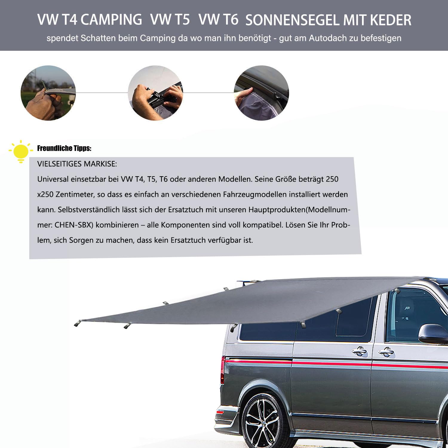 Markise, Sonnensegel mit Keder, Sonnensegel Wohnwagen, Kederschiene(4-6mm), V-w T4, T5, T6, Vorzelt Wohnwagen, Must Have für Camper, Ersatztuch Gibt 250 X250cm(grau)