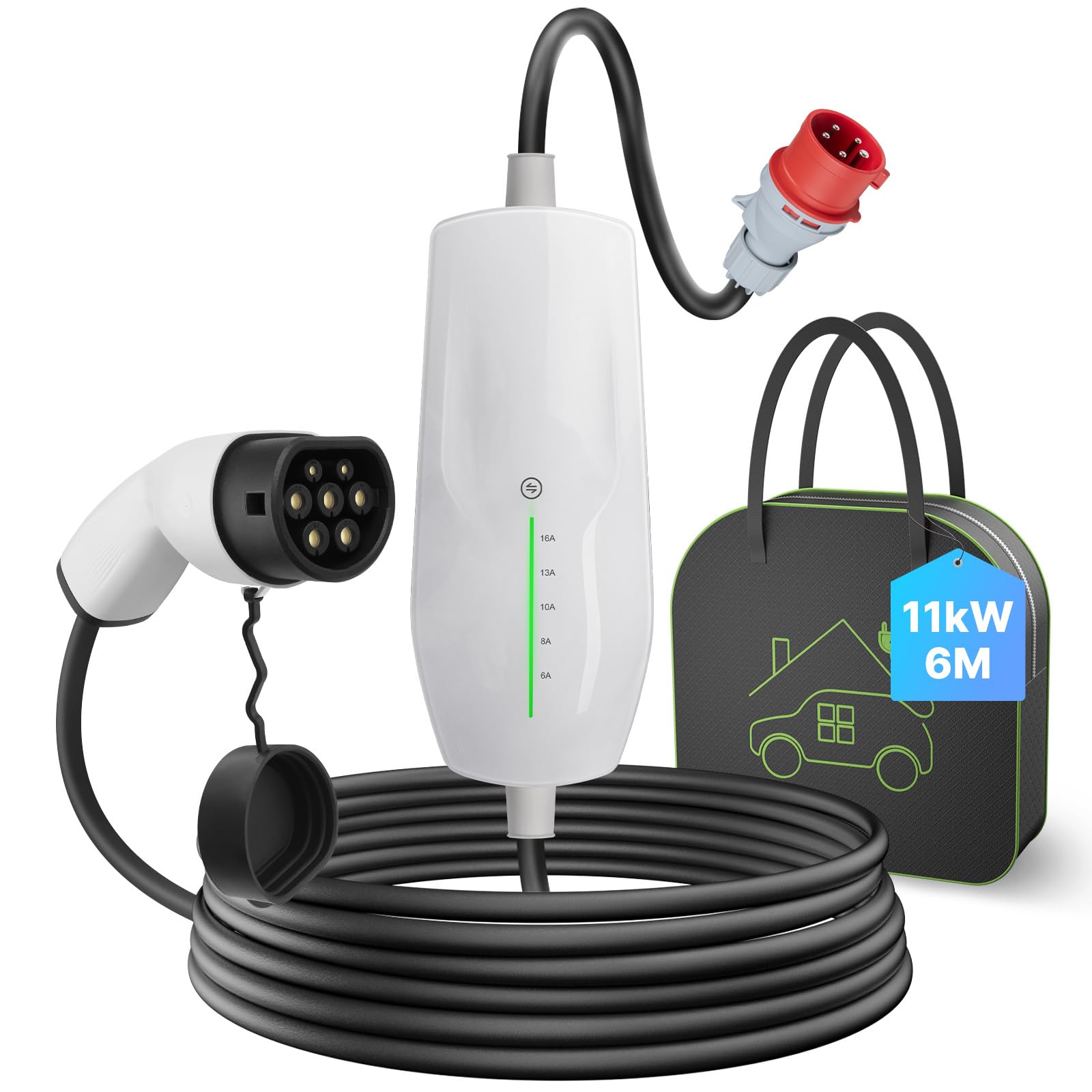 Teskee EV Charger Type 2 Portable EV Cars Home Charging Station Wallbox with Carrying Case for All Electric Vehicles and Plug-in Hybrid Cars Max 11kW 16Amp 6m Long 3 Phase CEE Plug White | 6 m | 11 kW | 16 Amp CEE-stekker 3-Fase