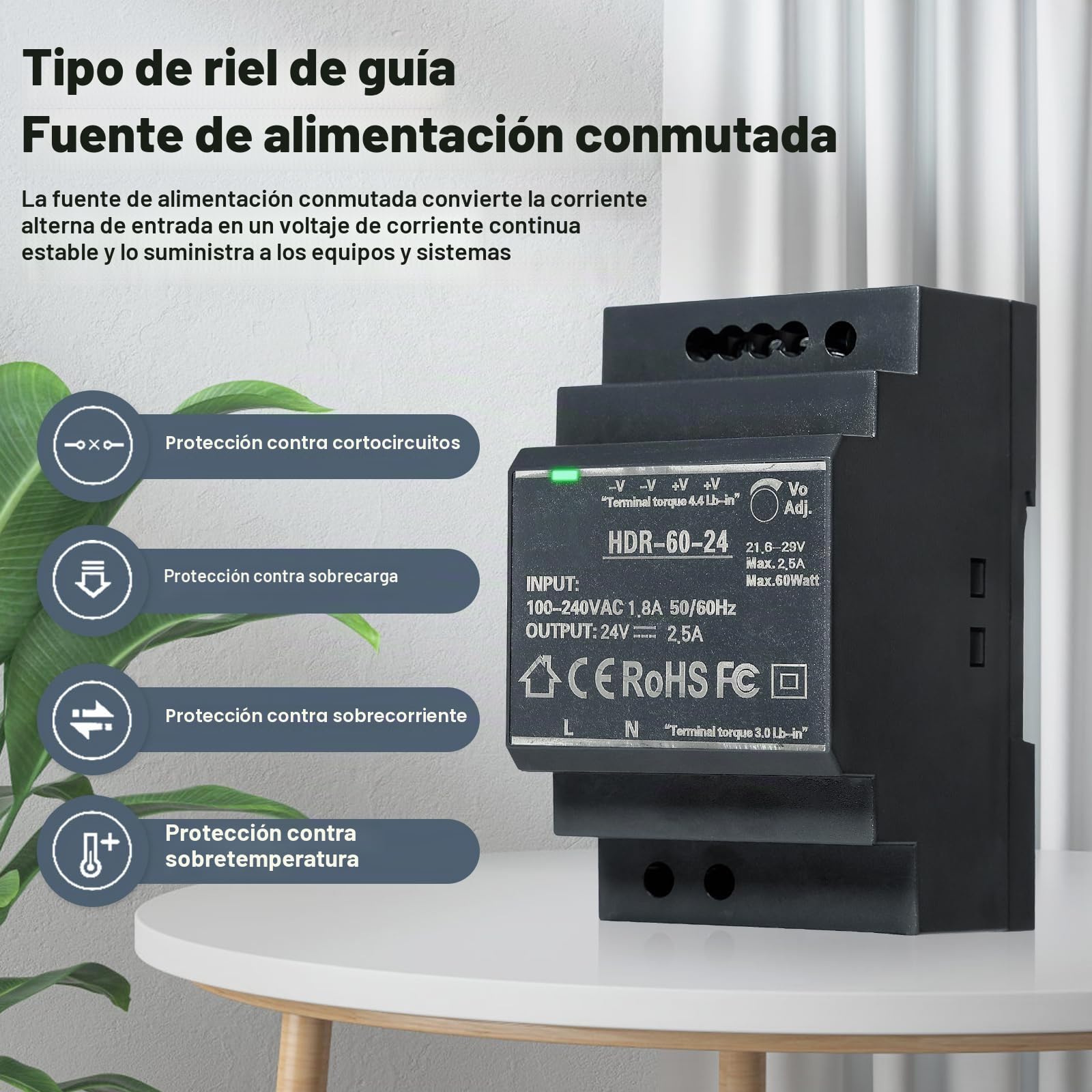 DEWIN Fuente de Alimentación Conmutada 24v, HDR-60W Fuente de Alimentación Conmutada de Transformador de Riel DIN para Equipos de Automatización Industrial (Color : DC 24V 2.5A)