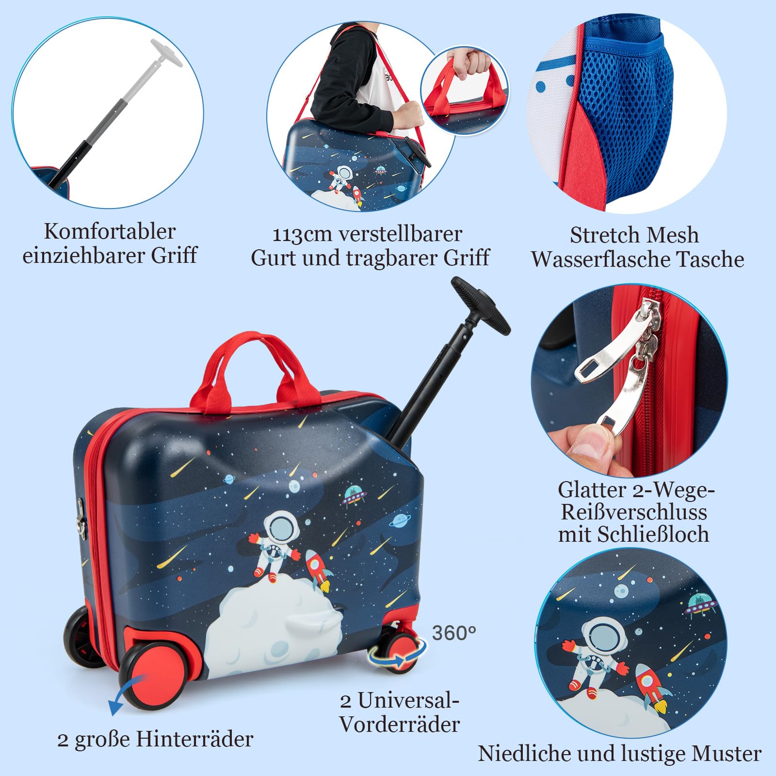 SOARS Kinderkoffer & Rucksack 18”+12”, Reisekoffer mit Rollen & Teleskopgriff, Trolley Kinder, Kindergepäck, Hartschalenkoffer, Kindertrolley für Jungen und Mädchen (Astronaut)
