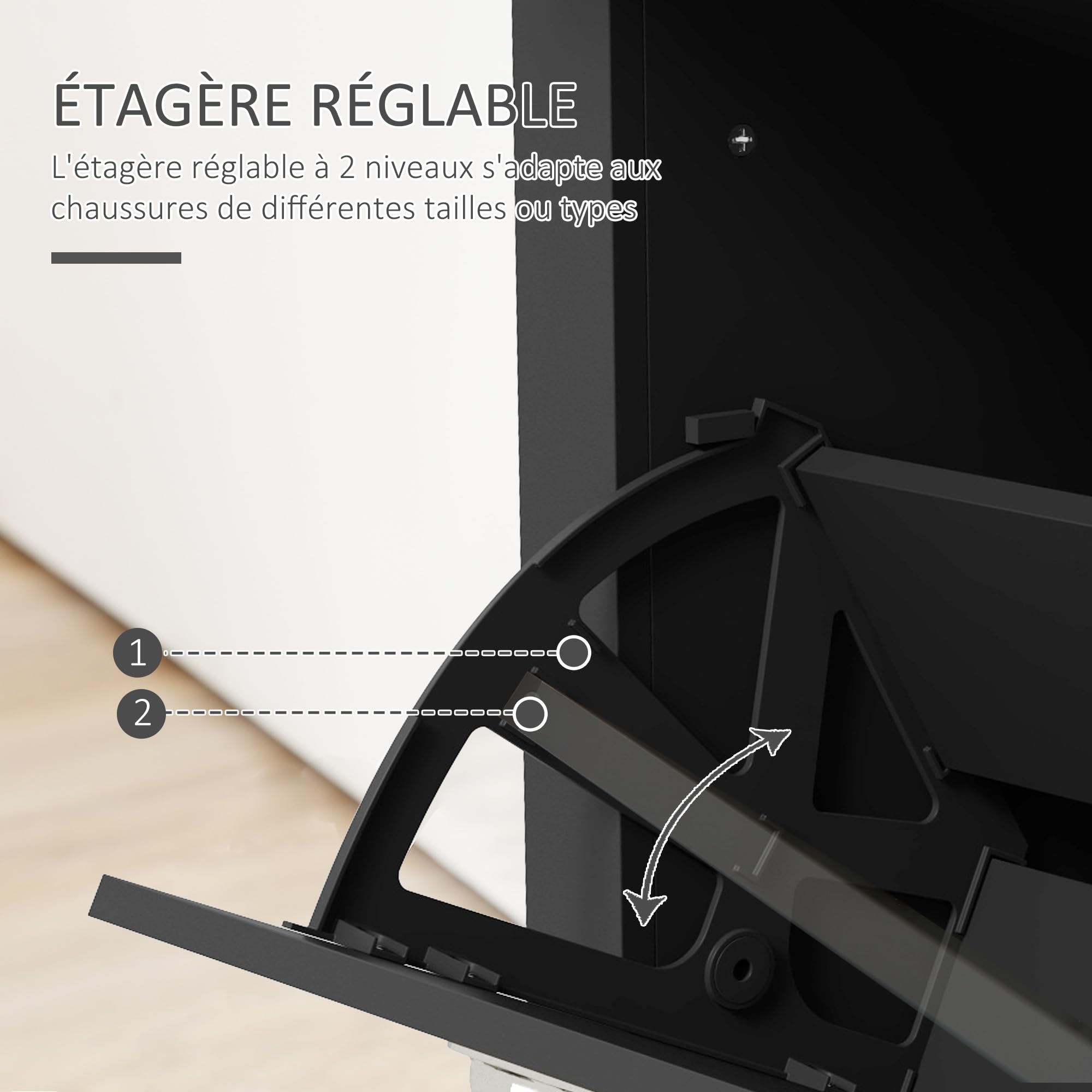 HOMCOM Meuble à Chaussures 12 Paires Étroite 79x23x90,5 cm Noir et Chêne | Armoire à Chaussures, 2 Tiroirs Rabattables, Étagères Réglables, Poignées Coquilles Métal, pour Couloir, Entrée