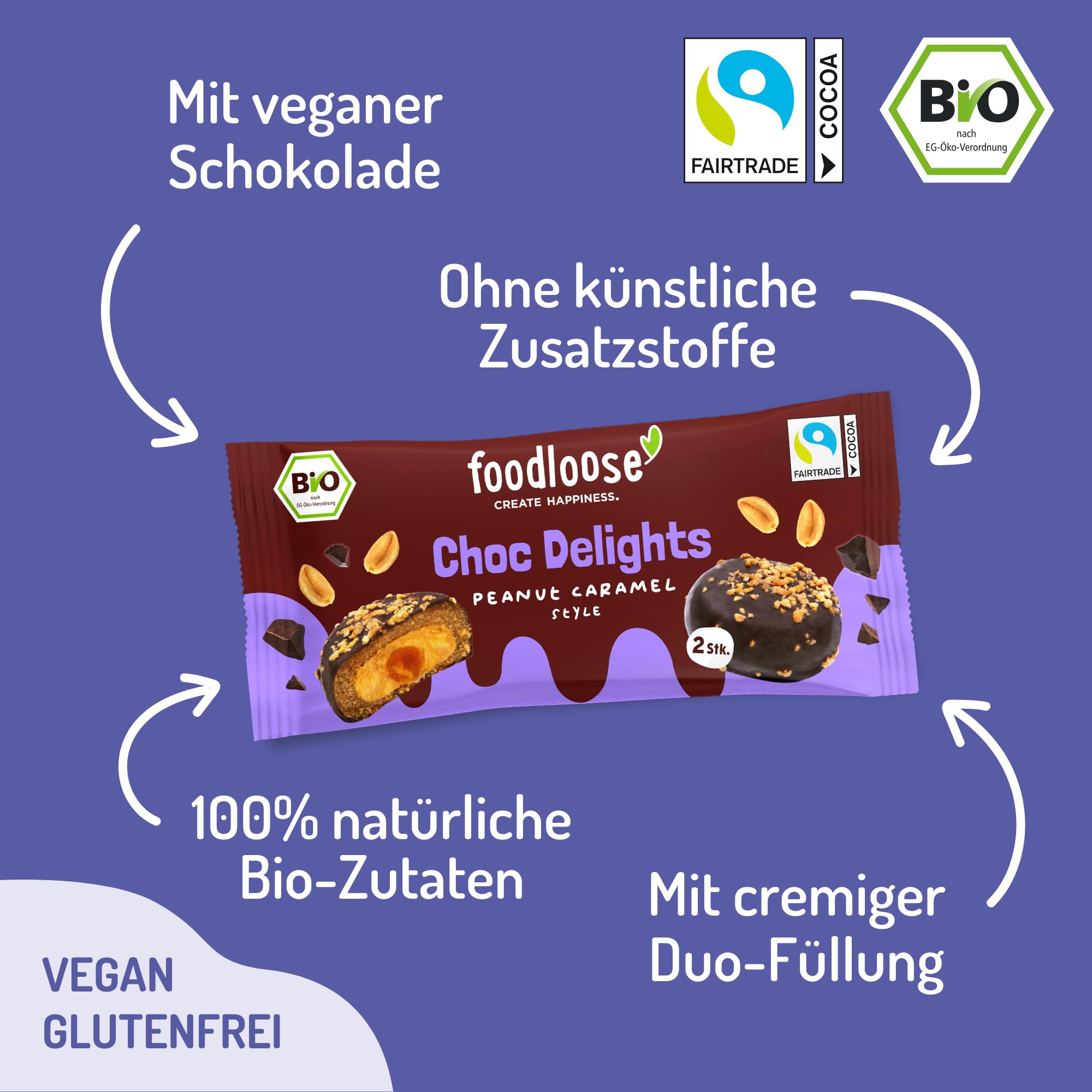 foodloose Choc Delights Peanut Caramel | Gefüllter Dattelsnack mit Erdnussmus Umhüllt von Dunkler Schokolade | Bio, Vegan, Glutenfrei & ohne Künstliche Zusätze | Vorteilspack (12 x 20g)
