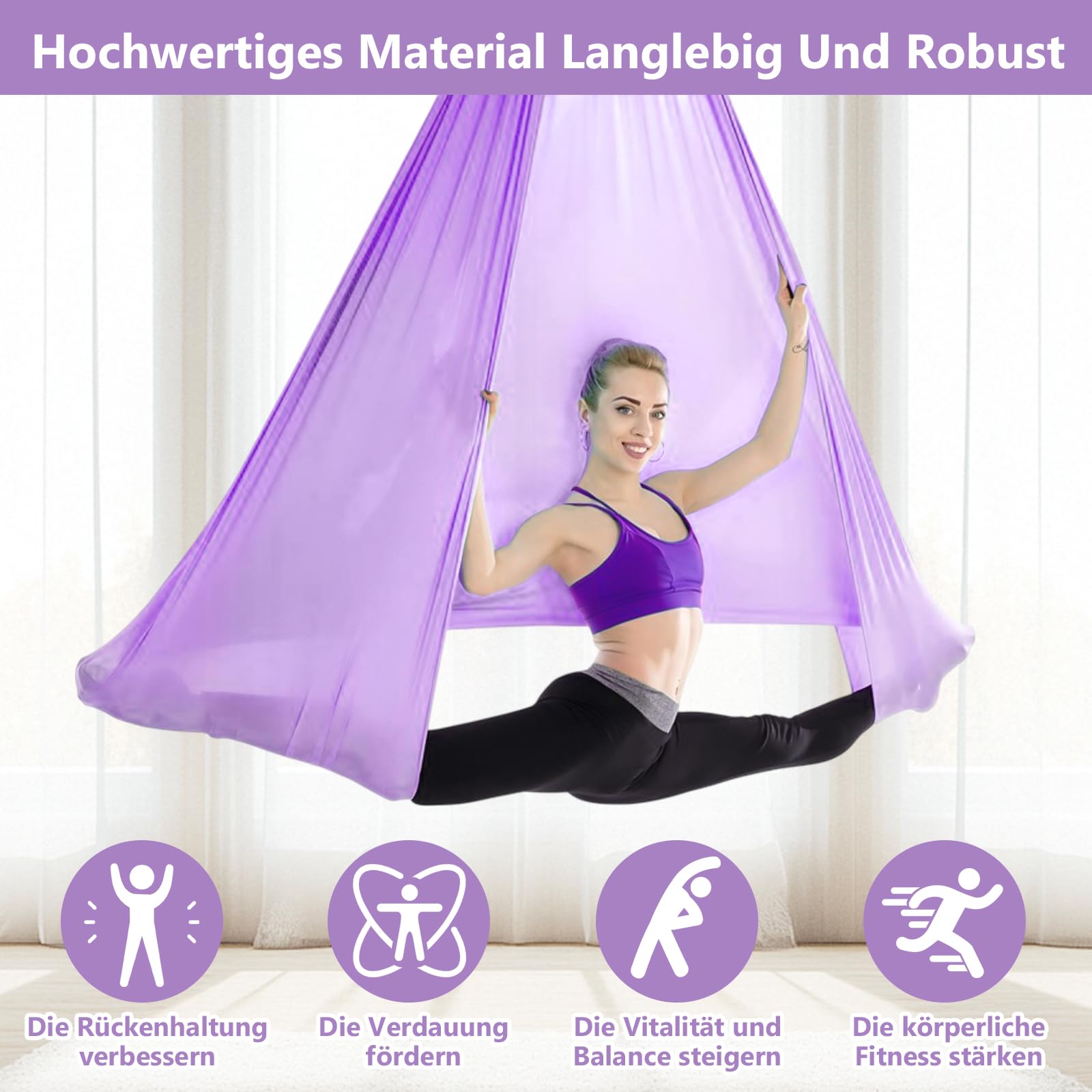 Aerial Yoga Hängematte Set, 5m x 2,8m Aerial Yogatuch Anti-Gravity YogaSwing, Aerial Yoga Hammock Swing 200 kg Tragfähigkeit, Nylon Tuch Nestschaukel mit Beschläge(Lila)