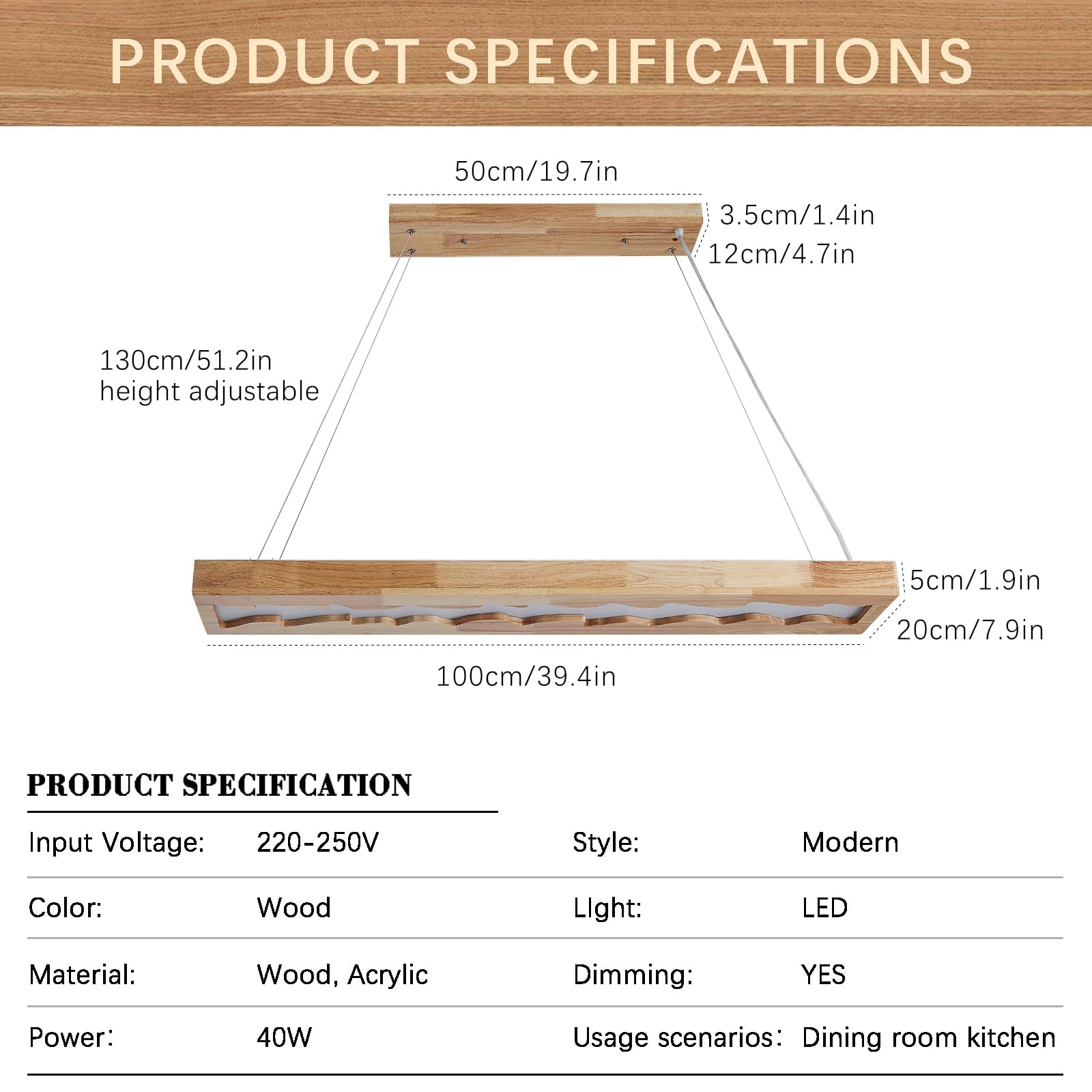 LED Pendelleuchte Esstisch Holz, Dimmbar KüChe HäNgelampe Mit Fernbedienung, 100 Cm, 40 W, Rustikale Vintage Lampe, 1,3 M HöHenverstellbar Wohnzimmerlampe FüR Esstisch, Wohnzimmer, Dekor