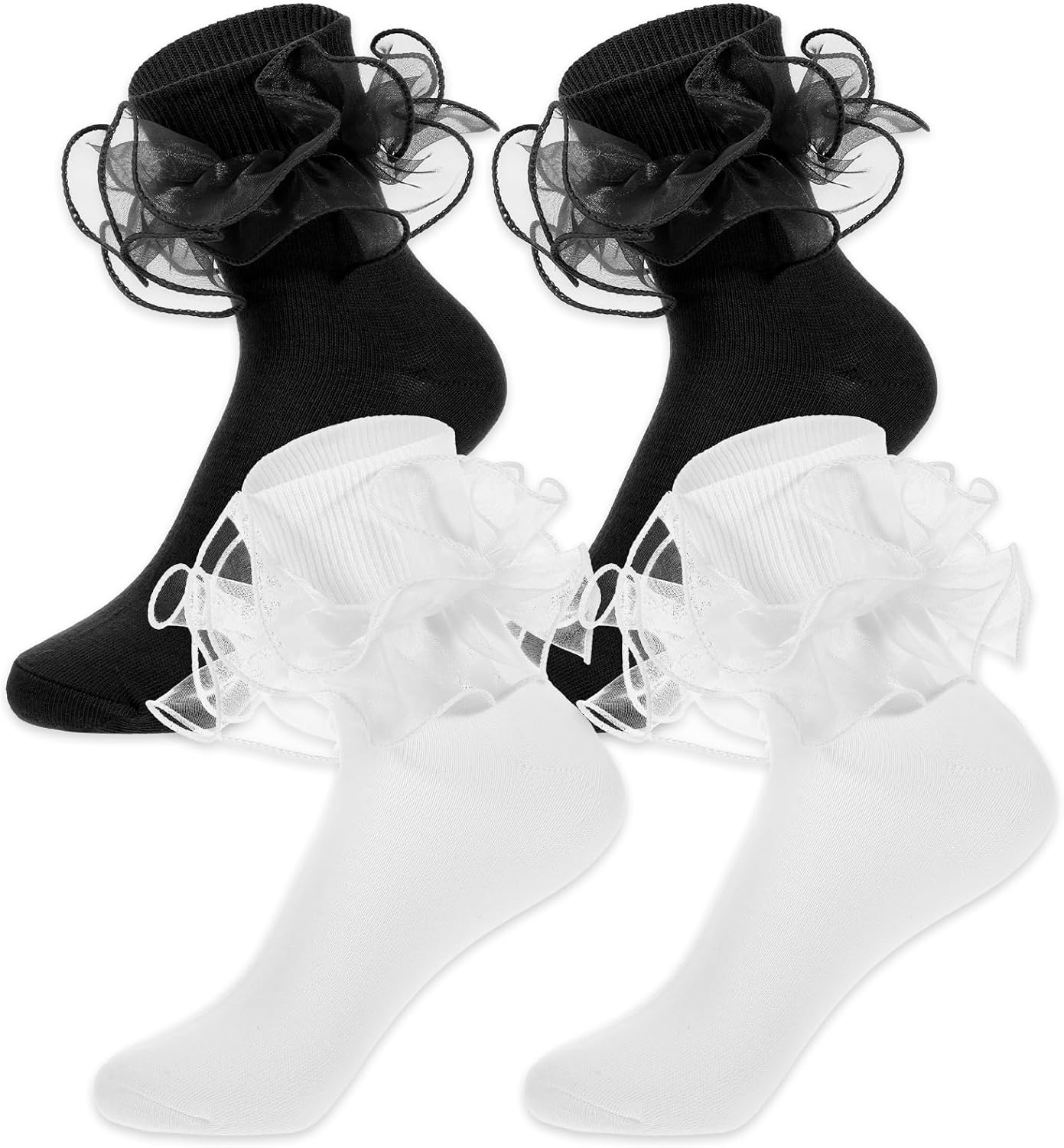 2 Pairs of White and Black Ruffle Socks, Ruffle Socks for Women with Double Lace Turn Cuff, Cotton Lace Frilly Sock for Ladies (Black, White)