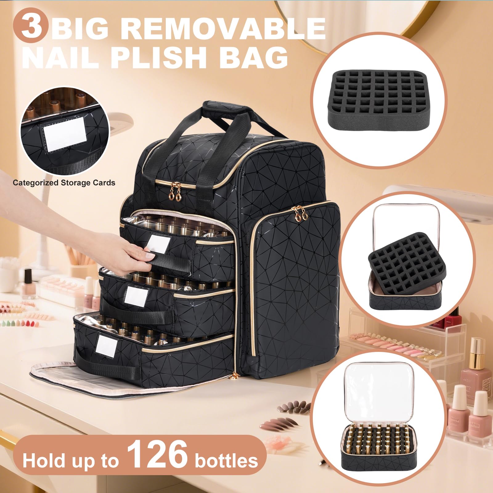 Uross Organizer per unghie per 126 flaconi di smalto e 1 lampada LED per unghie, borsa per la decorazione delle unghie, accessori (nero)