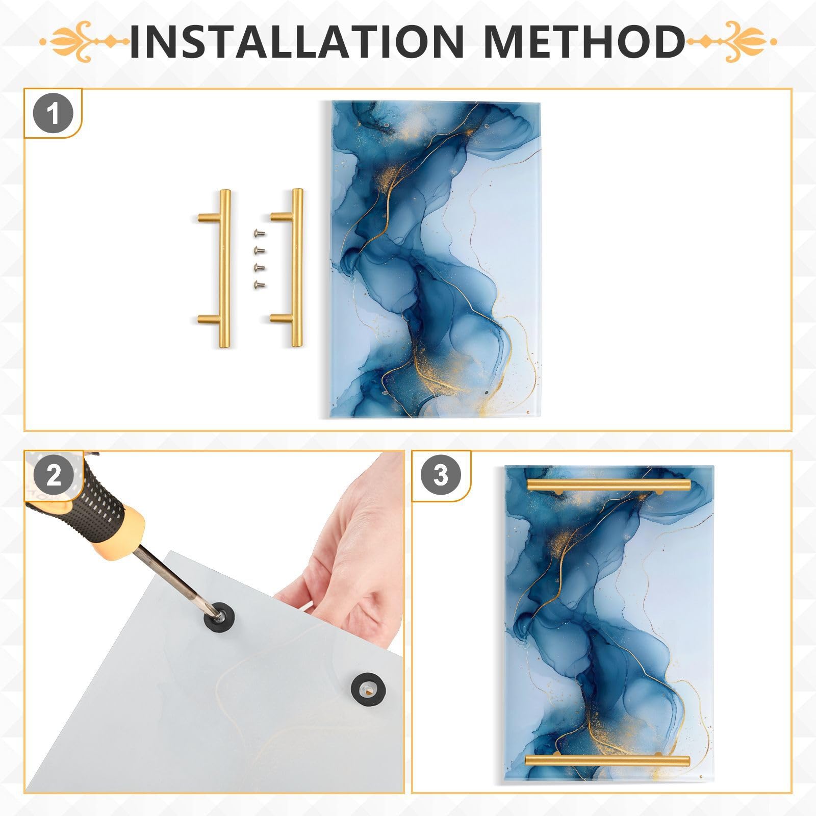 GUIJI Light Blue Marble 2 Acrylic Tray, Perfume Cosmetic Jewelry Decorative Trays Bathtub Organizer, Living Room Kitchen Serving Tray with Gold Handles