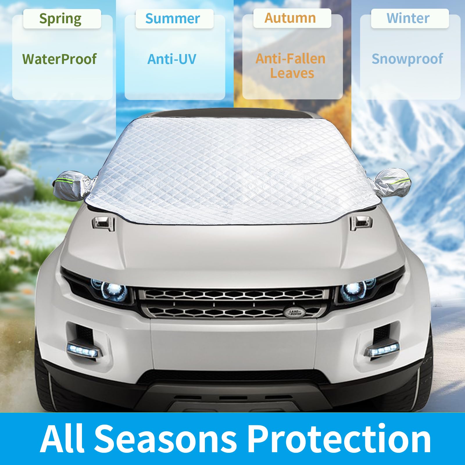 Couverture Pare Brise Voiture, Protection Couverture Repliable avec 10/12 aimants, Bâche Voiture Anti Neige Anti Glace UV Soleil Protéger Repliable Universelle pour Voiture SUV (220x155x128CM)