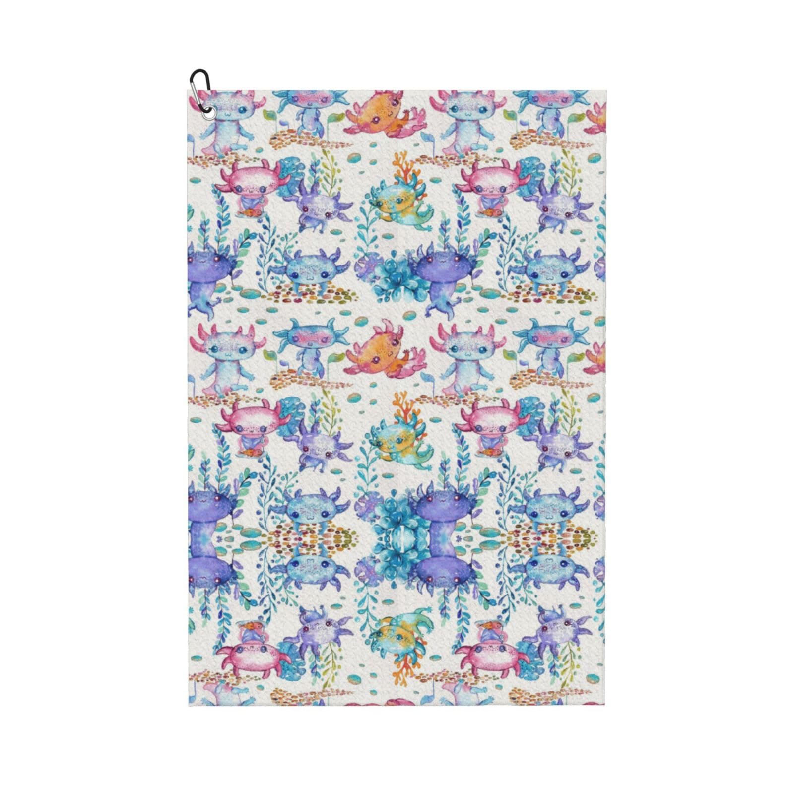 peiyeety Watercolor Cute Axolotl Characters Microfiber Golf Towel with Carabiner Clip, 16x24 Inch Absorbent Waffle Weave Towel for Golf Bags