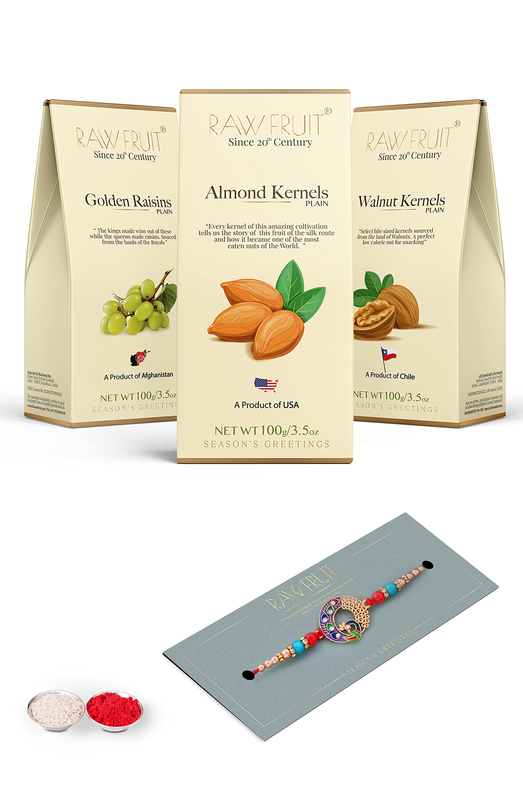Hyperfoods Rakhi for Brother with Gift Combo Set Peacock Rakhi for Brother Combo with Dry Fruits and Nuts Gift Pack of Almond Raisin Walnut Rakhi for Brother Combo with Gift Dry Fruits with Rakhi