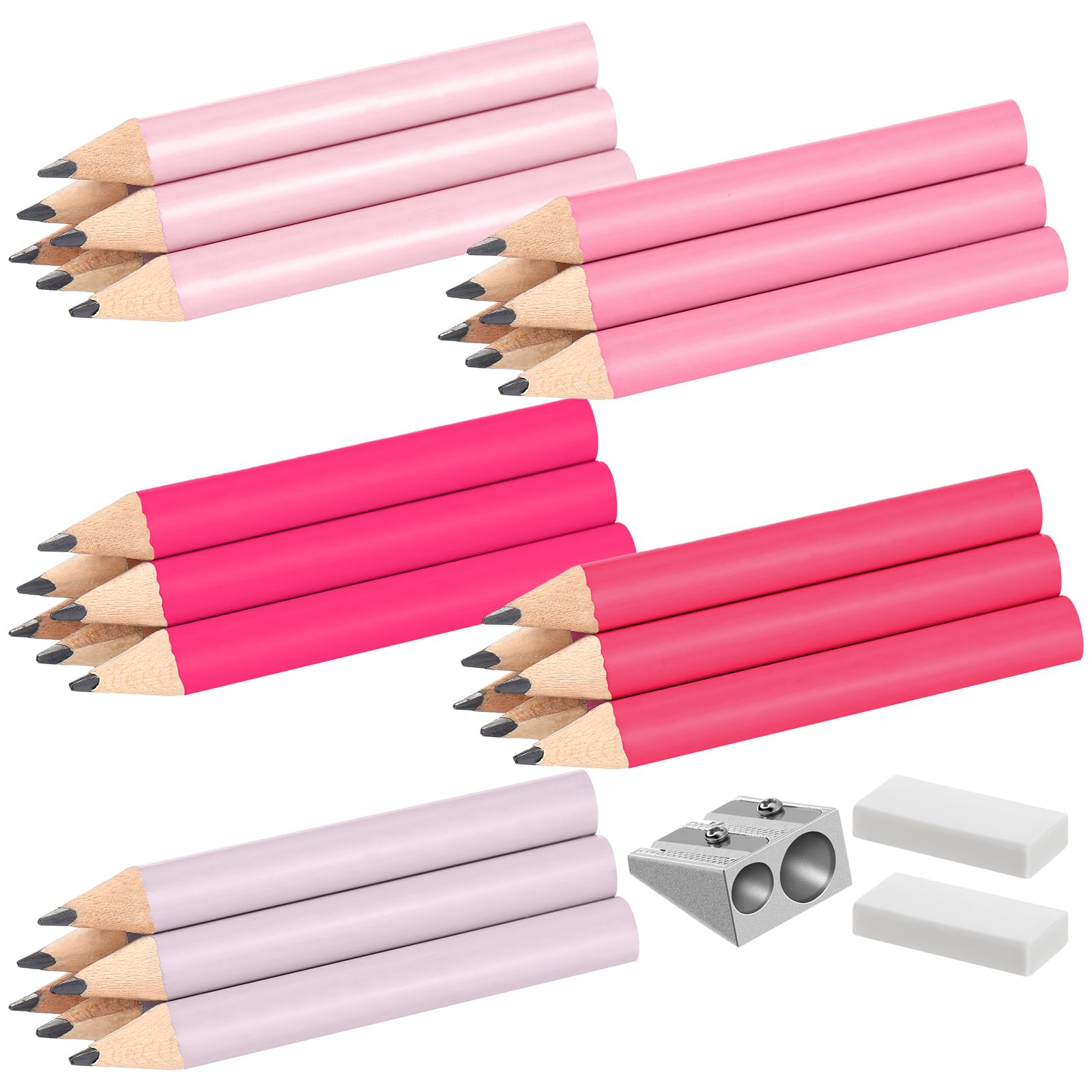 Marspark 30 Pcs Short Triangular Fat Pencils Bulk 3.5 Inch Wooden Triangular Jumbo Pencils for Preschoolers, Kindergarten, Toddlers and Beginners with Sharpener and 2 Erasers (Pink Colors)