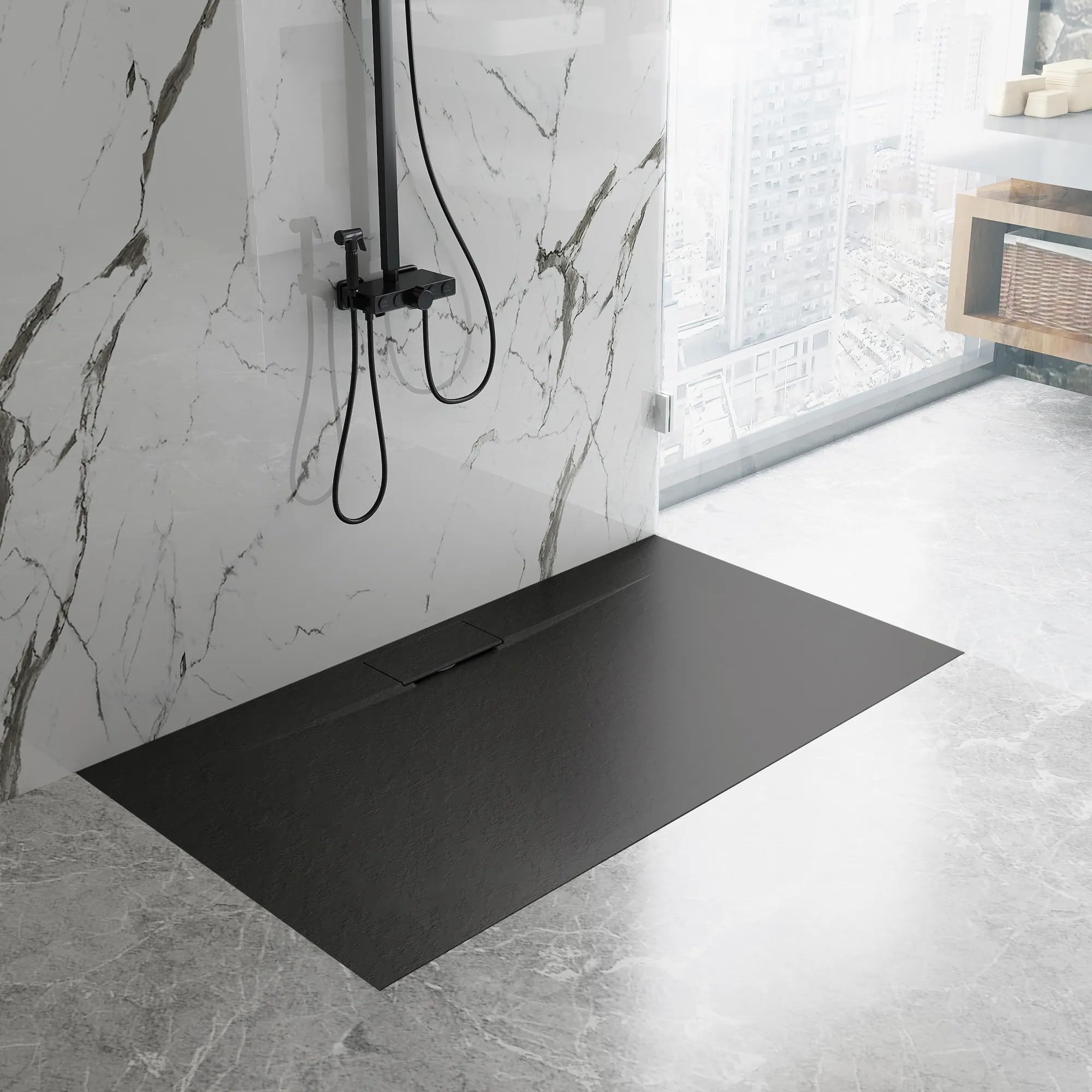 VBChome Plato de ducha, 100 x 80 x 2,5 cm, color negro, estructura de piedra, plato de ducha extraplano, rectangular, desagüe de desagüe SMC, compuesto SMC, instalación universal, sifón rectangular,