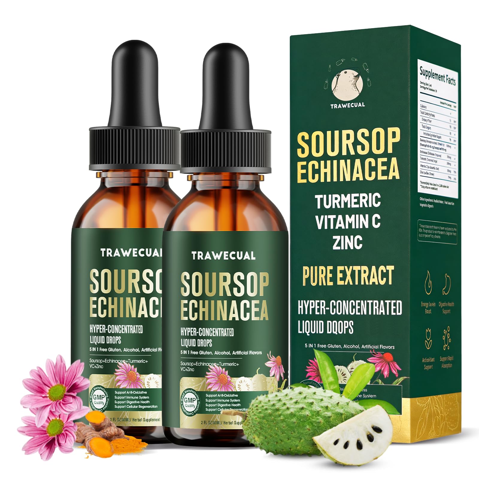 2 Pack Soursop Graviola Liquid Drops 1000mg with Echinacea 300mg, 4 FL OZ 2 Fl Oz (Pack of 2)