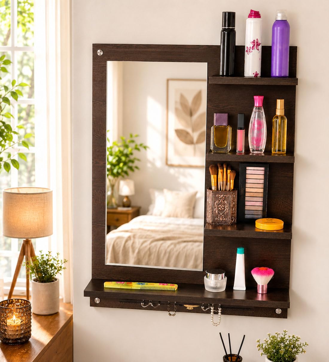 Engineered Wood Wall Mounted Dressing Table with 4 Shelves Wenge | 80X60 CM Bedroom Washbasin Home Makeup cosmetics Storage Organizer Mirror Bathroom Wash Basin Full Length Living Room Storage-image-31