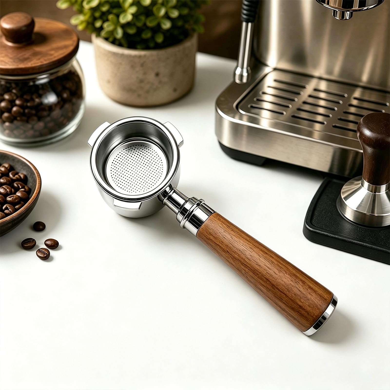 Portafiltro senza fondo, 51 mm, per macchina espresso (legno/legno) | Visualizzazione libera dell'estrazione, cambio senza attrezzi con presa adeguata, comoda maneggevolezza