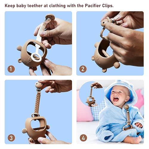 Miniatura 3 de Mordedor para bebés de 0 a 6 meses, paquete de 2 juguetes de dentición para bebés de 6 a 12 meses + 1 clip para chupete, juguetes de silicona para