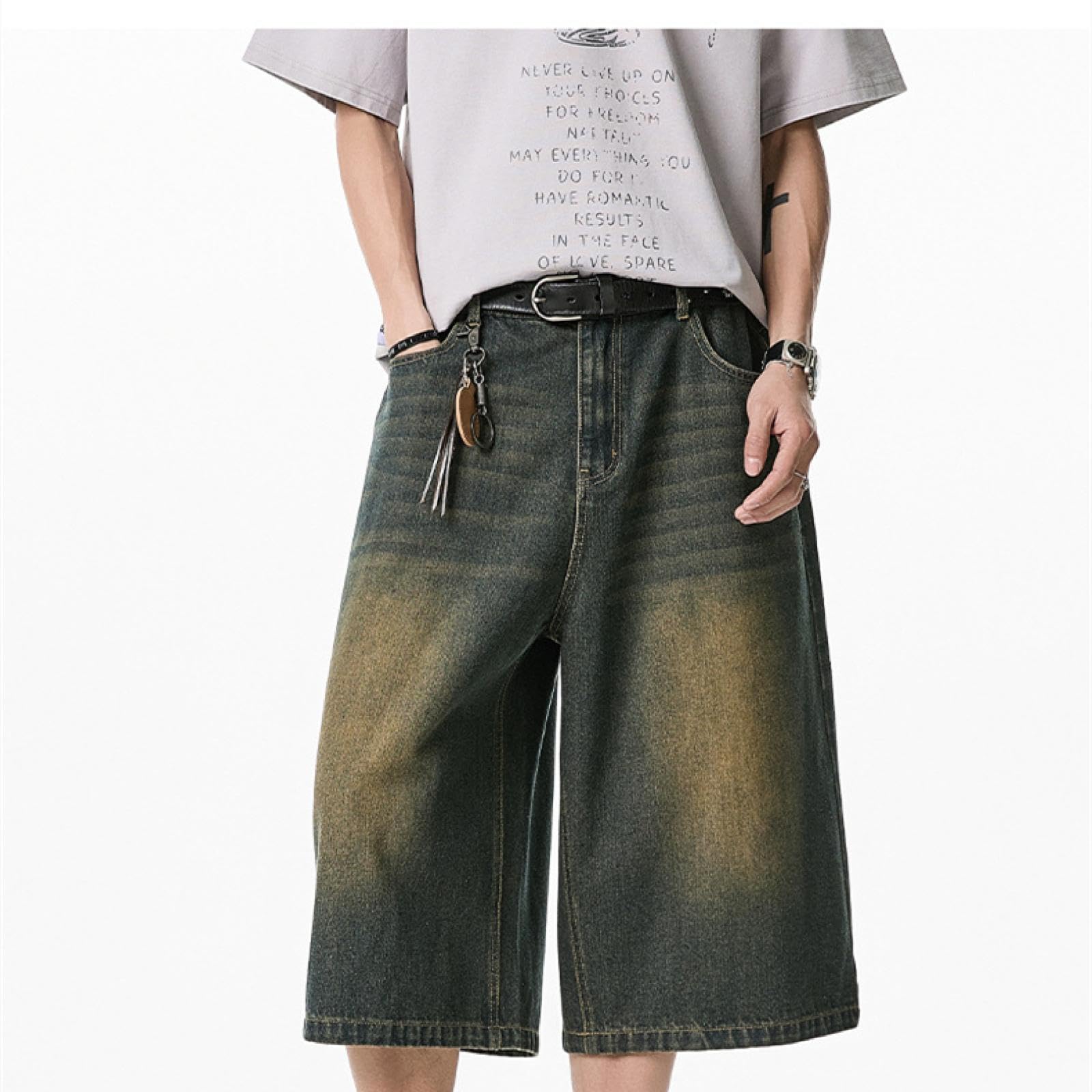Pantaloncini Short Uomo Jeans Corti A Gamba Larga per Gli Uomini retrò Gamba Dritta Pantaloni di Media Lunghezza Semi Elastico in Vita Pantaloncini Casual Larghi