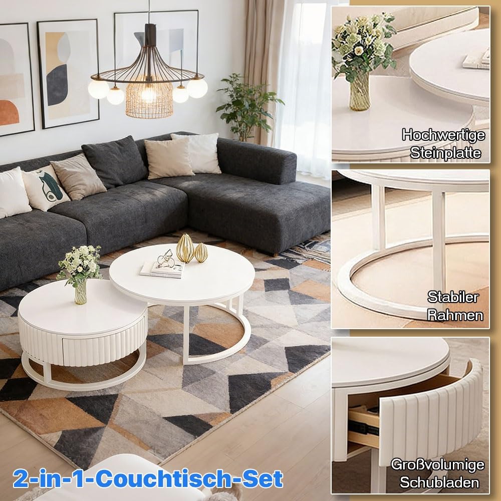 Modern Weiss Rund Couchtisch 2er Set Satztische Hochglanz Marmor 50+70cm Nested Beistelltisch Kaffeetisch Für Wohnzimmer, Balkon Und Büro, Stabiler Metallrahmen + Komplette Installation
