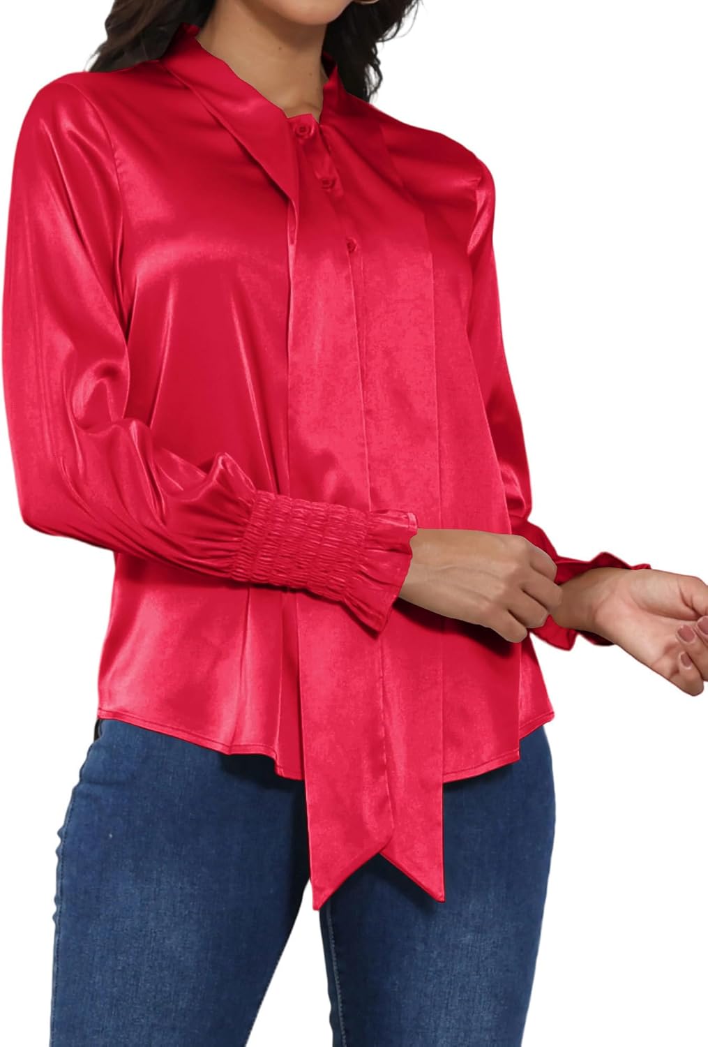 Satin Blouses for Women Dressy Smocked Long Sleeve Bow Tie Neck Shirts Casual Work Tops - Image 5