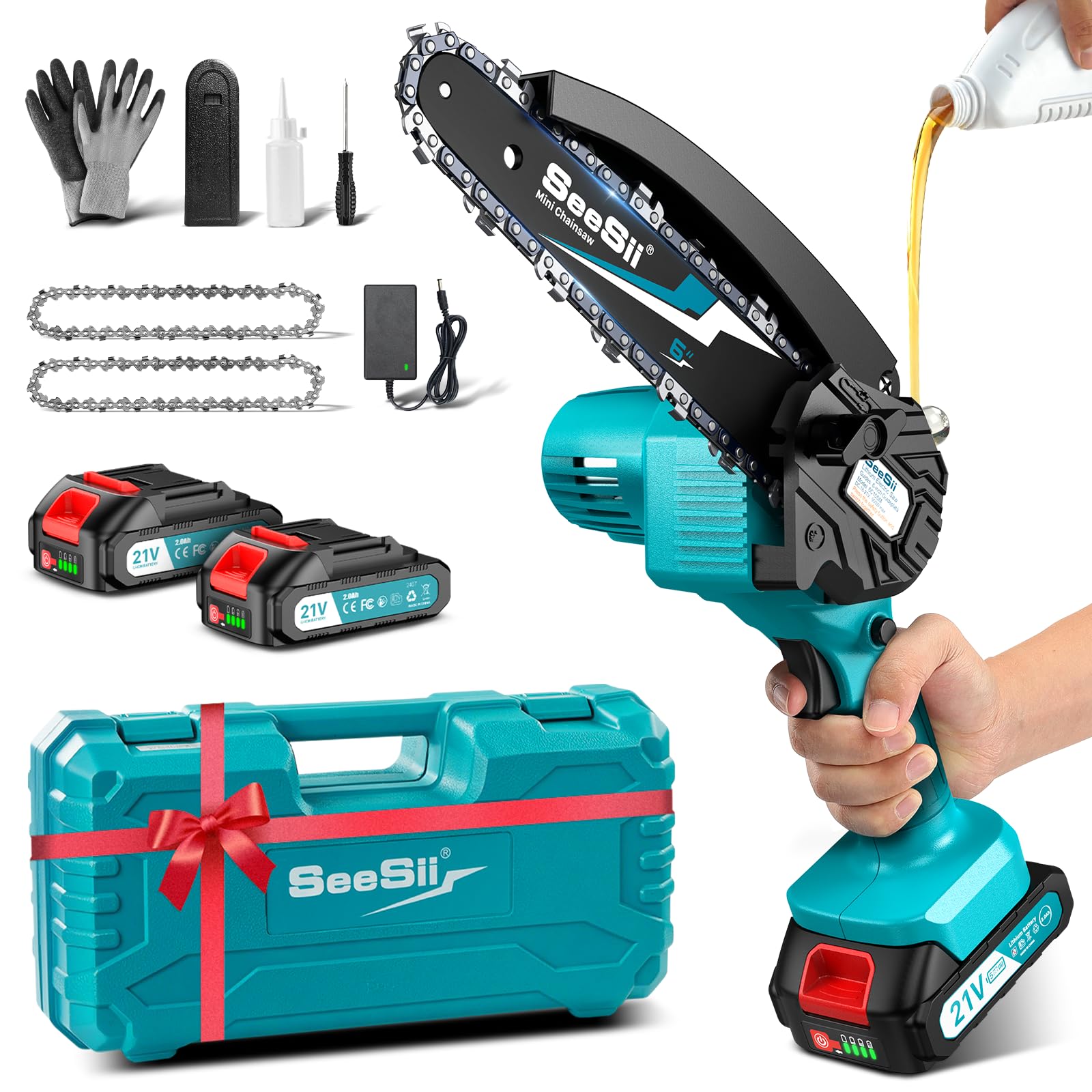 Mini Motosega a Batteria Portatile, SEESII Sega a Batteria da 6 Pollici con Caricatore, 2 Batterie e Oliatore Automatico, Motosega Elettrica per Giardinaggio, CH610