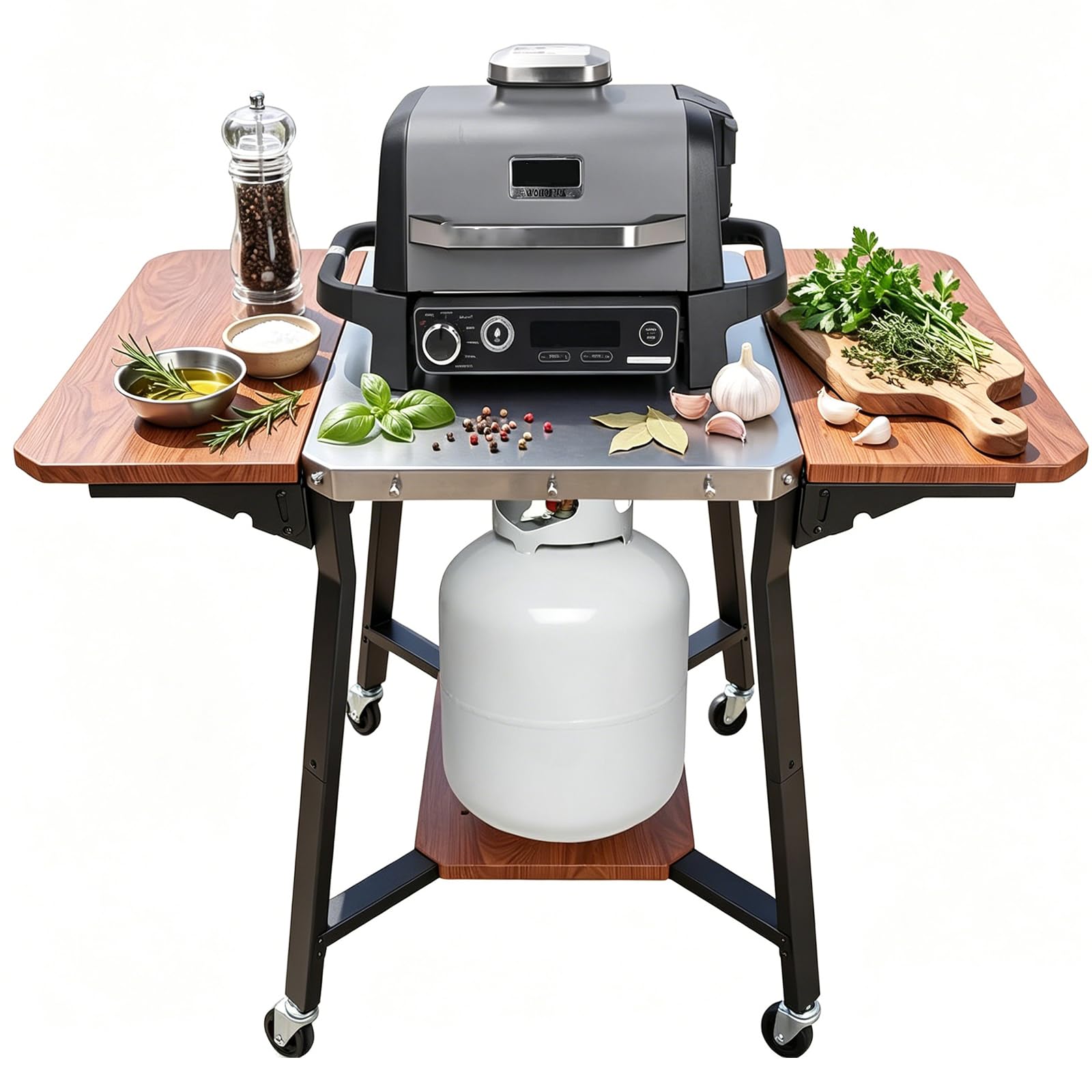 GFTIME Carrello per barbecue con piano di lavoro in acciaio inox, con 2 ripiani laterali pieghevoli, supporto per bombole a gas e ruote, carrello da cucina mobile per barbecue, forno per pizza e