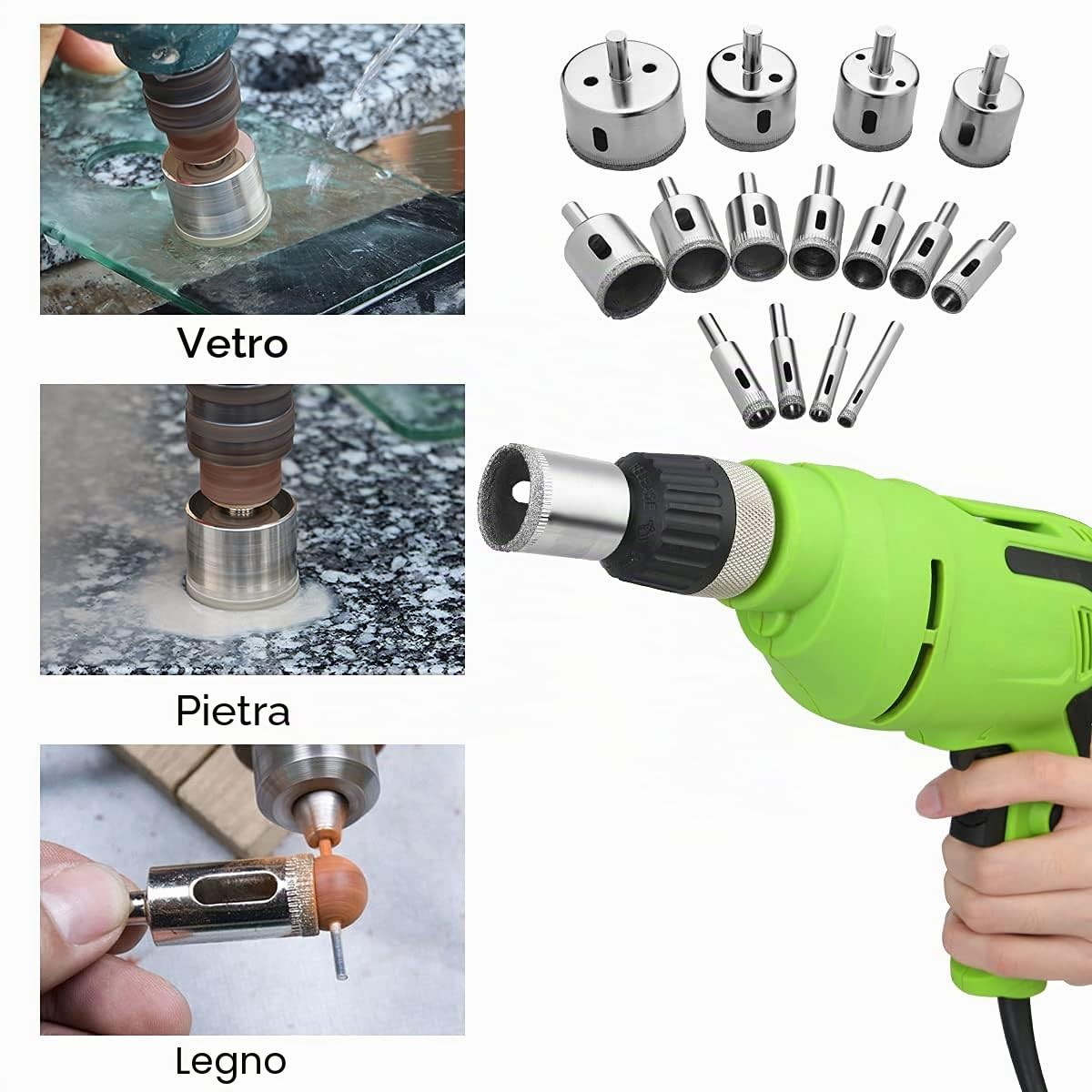 Flintronic Set di Punte Diamantate, 15 Frese a Tazza Diamantate Professionale Rivestimento di Diamante, per Vetro/Piastrelle/Ceramica/Marmo/Porcellana, Acciaio al Carbonio 8mm-50mm……