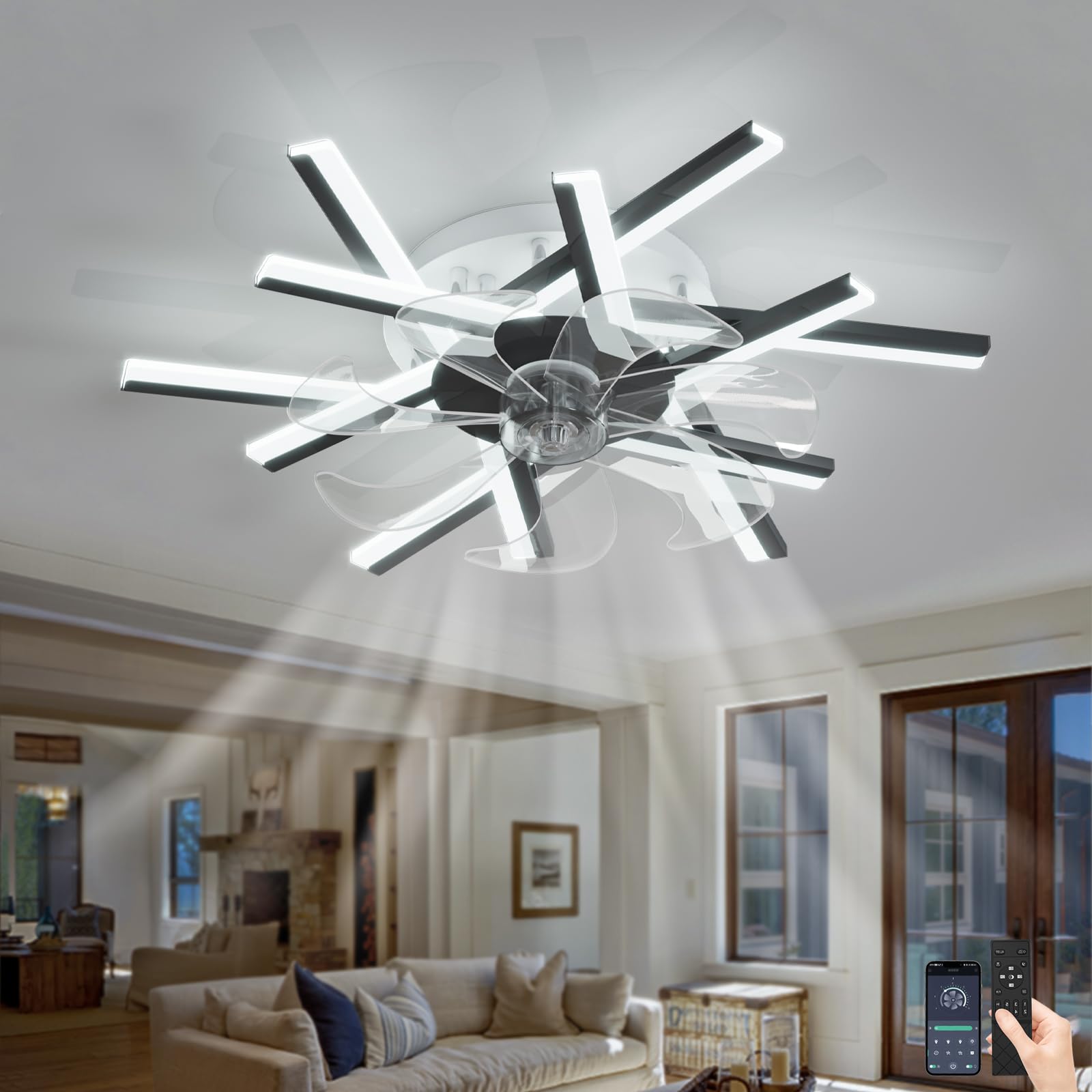 SXDMOUBK 6 Wind Speed Ceiling Fans with Lights and Remote Control Silence Chandeliers Ceiling Light Dimmable Reversible DC Fan Light Ceiling for Living Room Bedroom-Black||62cm