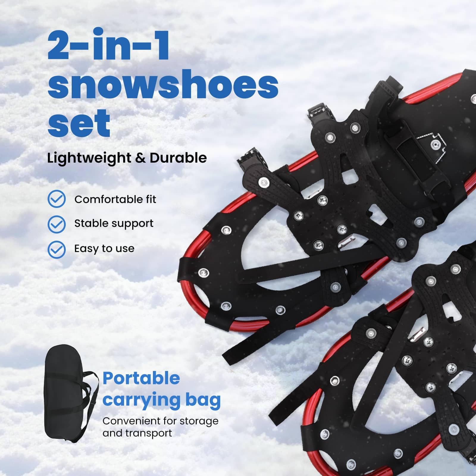vidaXL Ciaspole 3 in 1 Rosso e Nero 53,5 x 21 cm Alluminio e HDPE, Ciaspole in alluminio per il giardino, attrezzatura outdoor regolabile, accessori moderni per camminare sulla neve