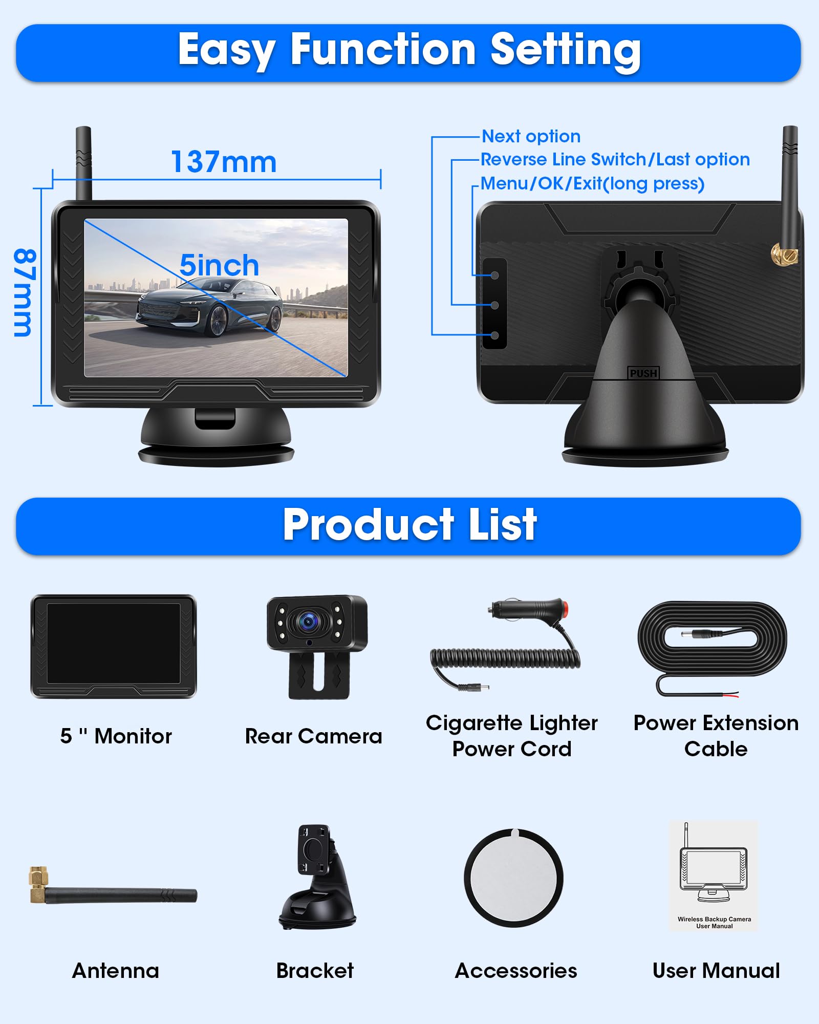 AHD 1080P Rückfahrkamera Kabellos mit 5 Zoll Monitor 6 LED Nachtsicht 170° Weitwinkel DC 12V Auto SUV LKW